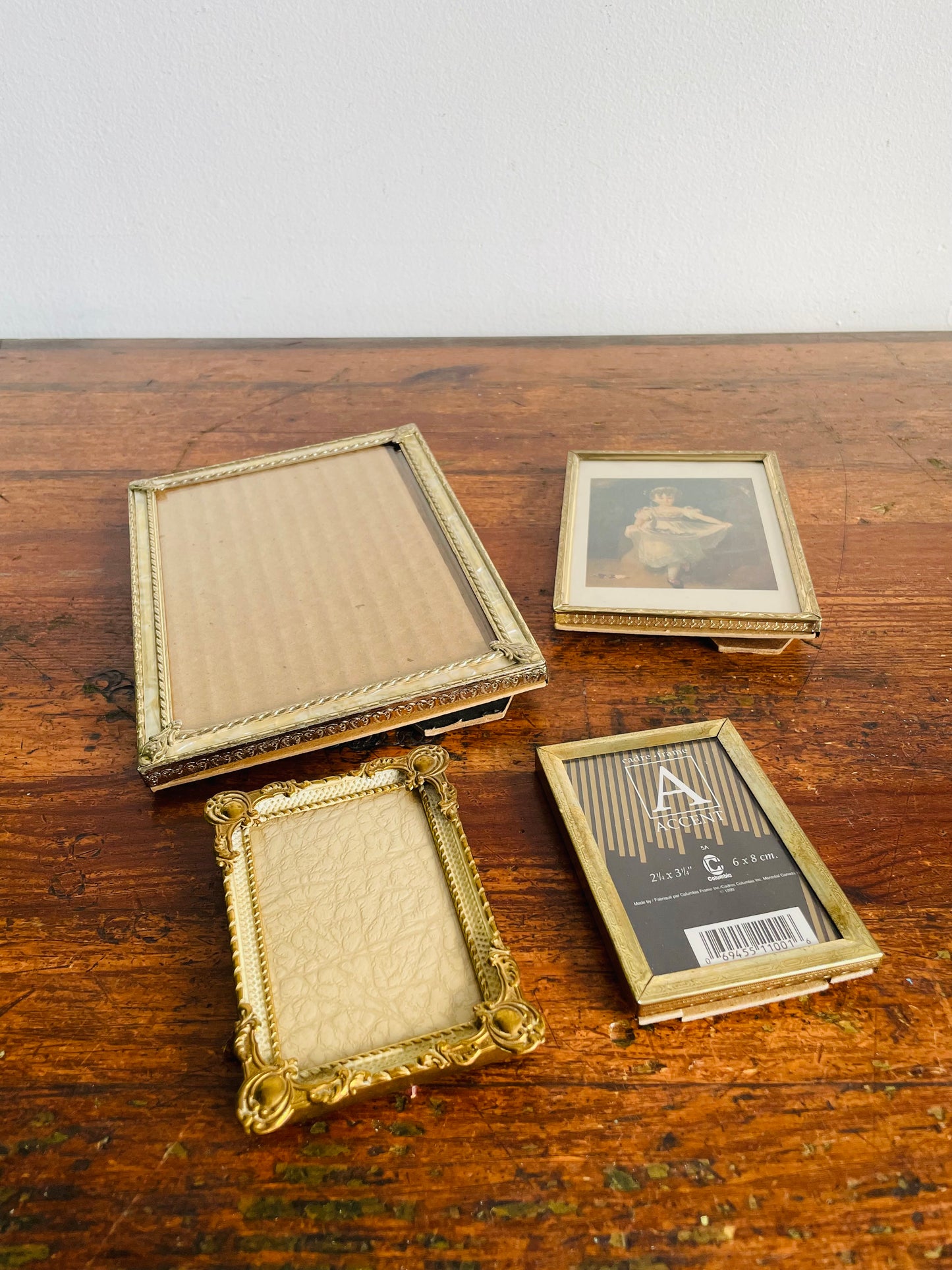 Vintage Collection of Brass Picture Frames with Easel Backs - Set of 4 - One Also Has Hook for Hanging
