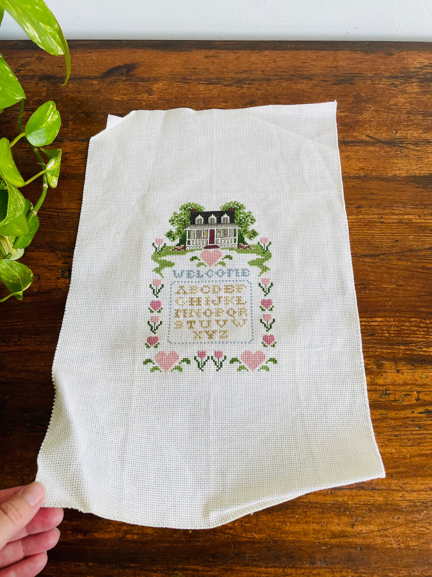 Welcome Needlepoint Embroidery Sampler with Cozy House, Hearts & Flowers