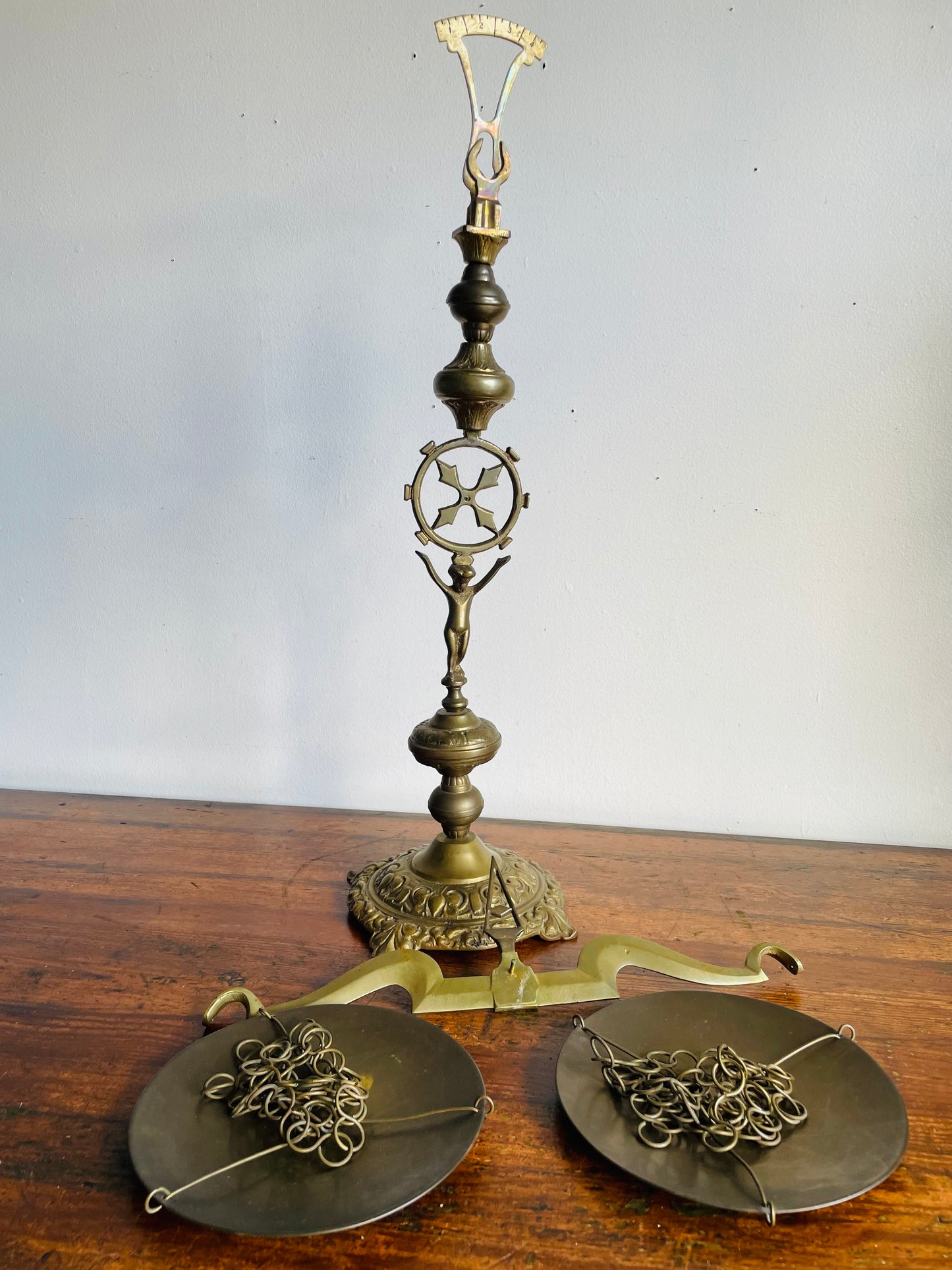 Vintage 25" Tall Ornate Brass Balance Scale with Cherub - Scales of Justice - FOR SHIPPING PLEASE READ SPECIAL INSTRUCTIONS