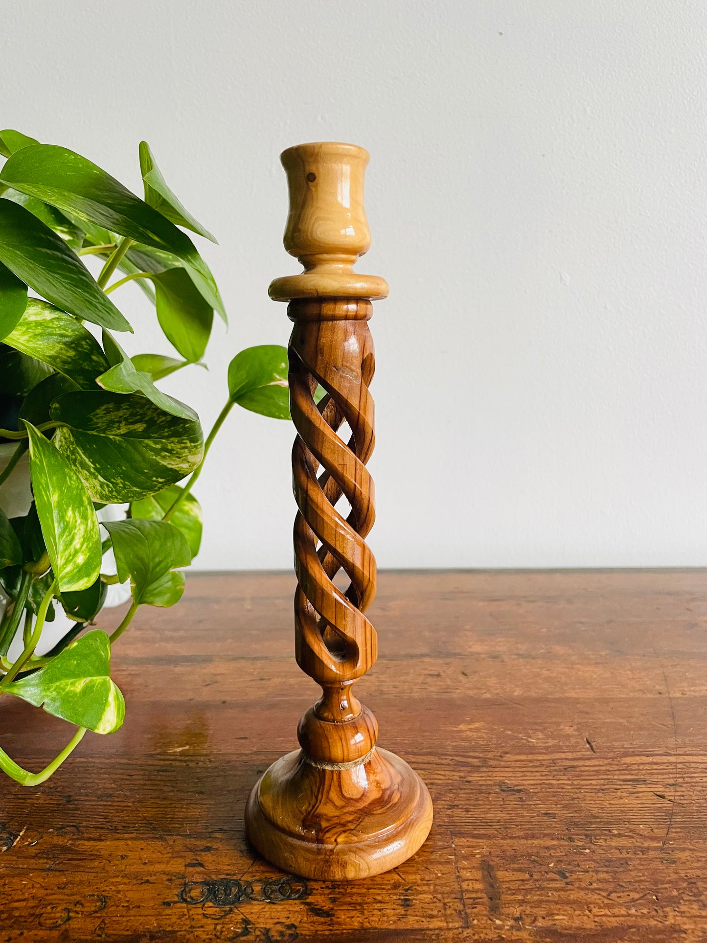 Olive Wood Twisted Spiral Candlestick Holder with Open Barley-Twist