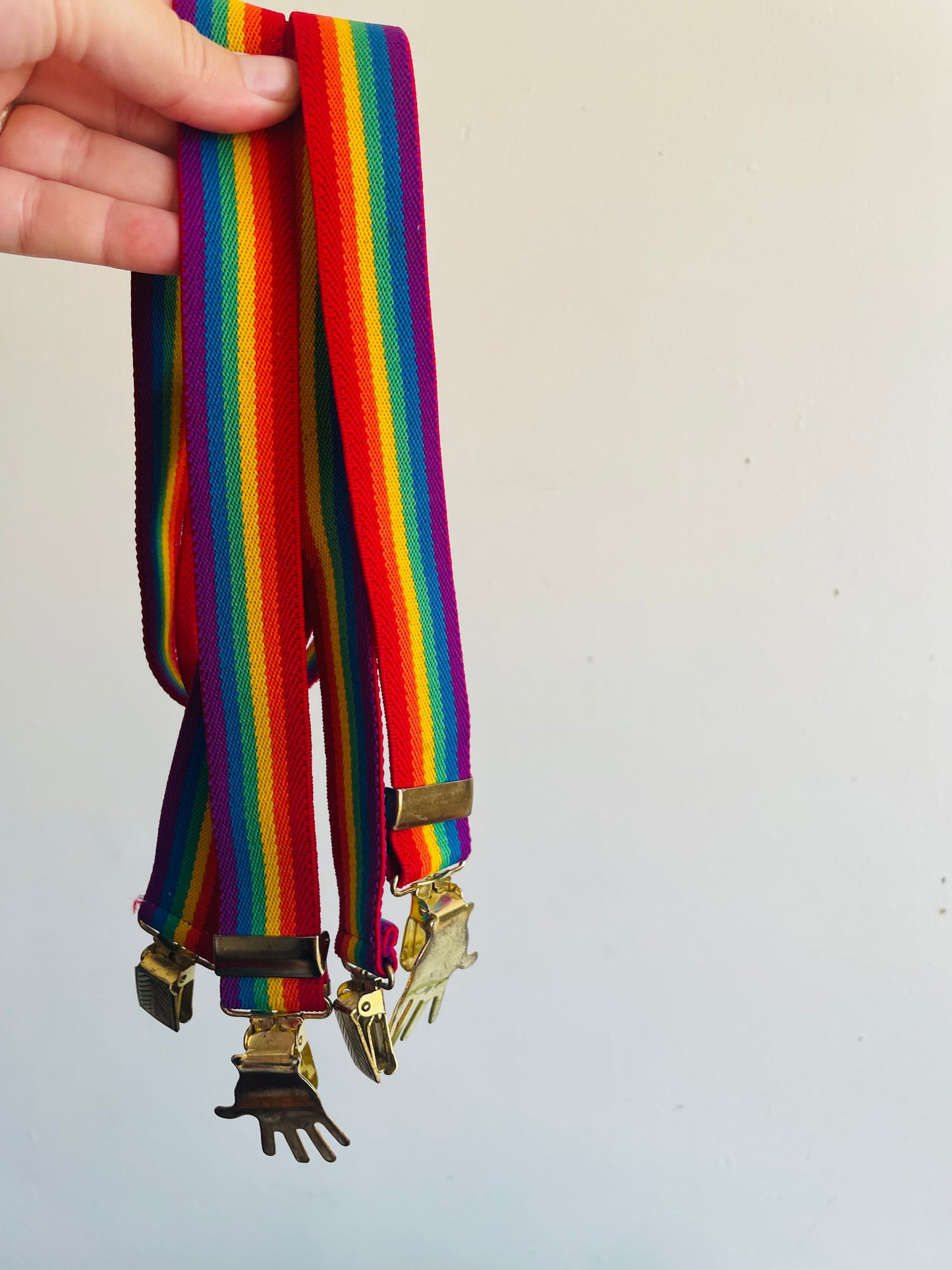 Rainbow Striped Clip-On Suspenders with Brass Hand Shaped Buckles