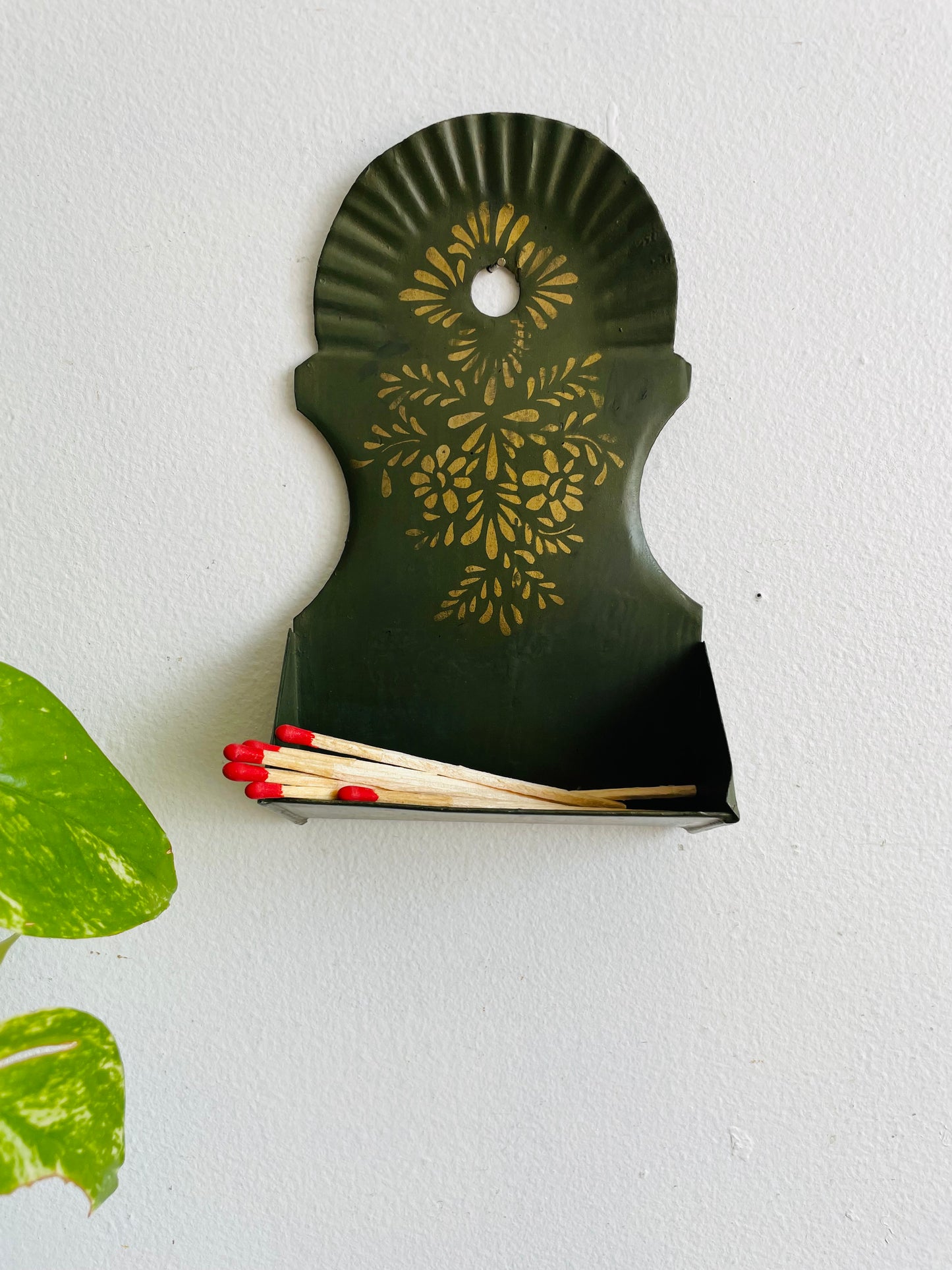 Antique 1880 Green Tin Toleware Match Safe - Wall Hanging Holder with Gold Flower Stencilled Design