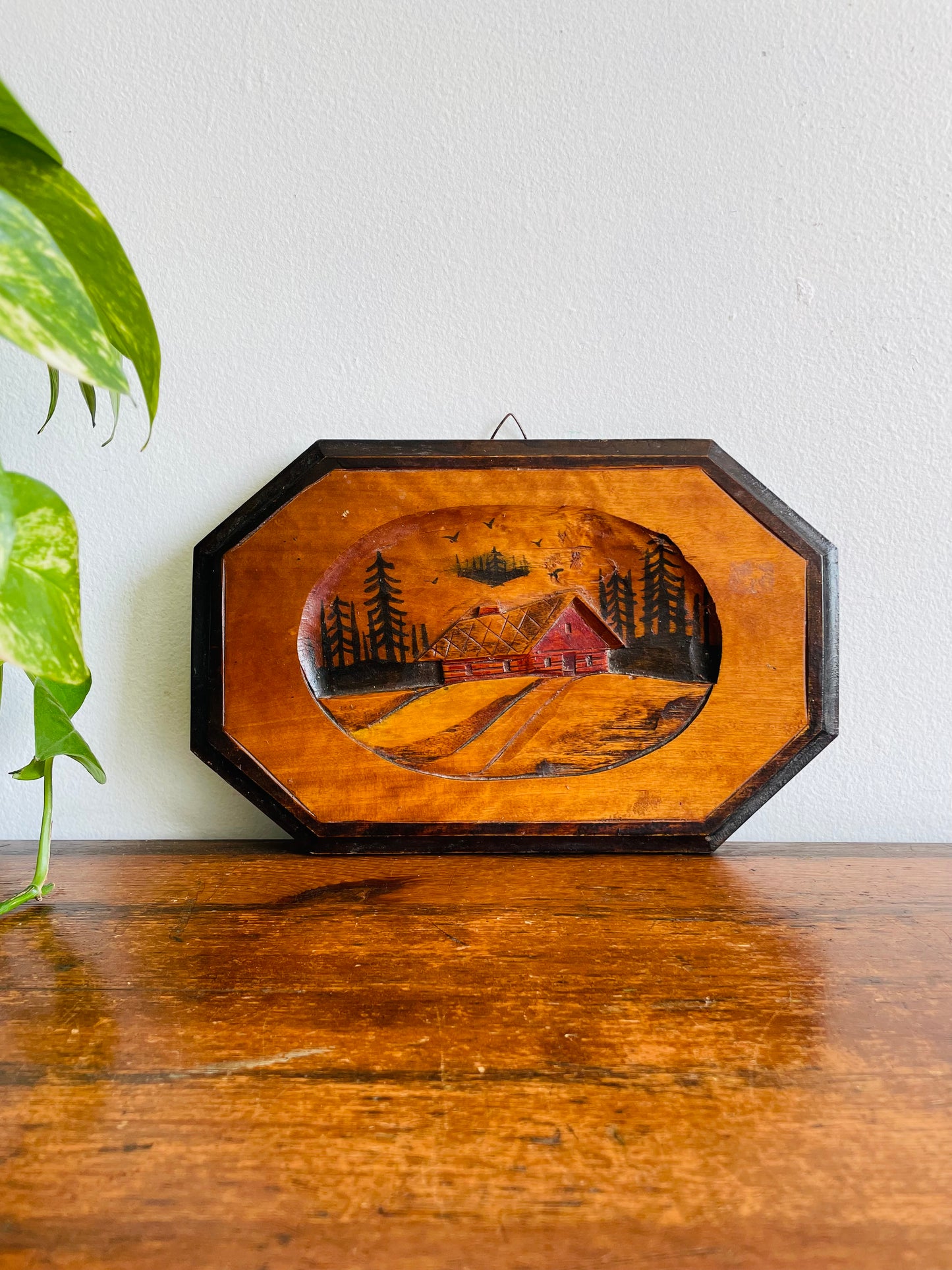 Red Cabin in Forest Picture - Carved from a Single Piece of Wood