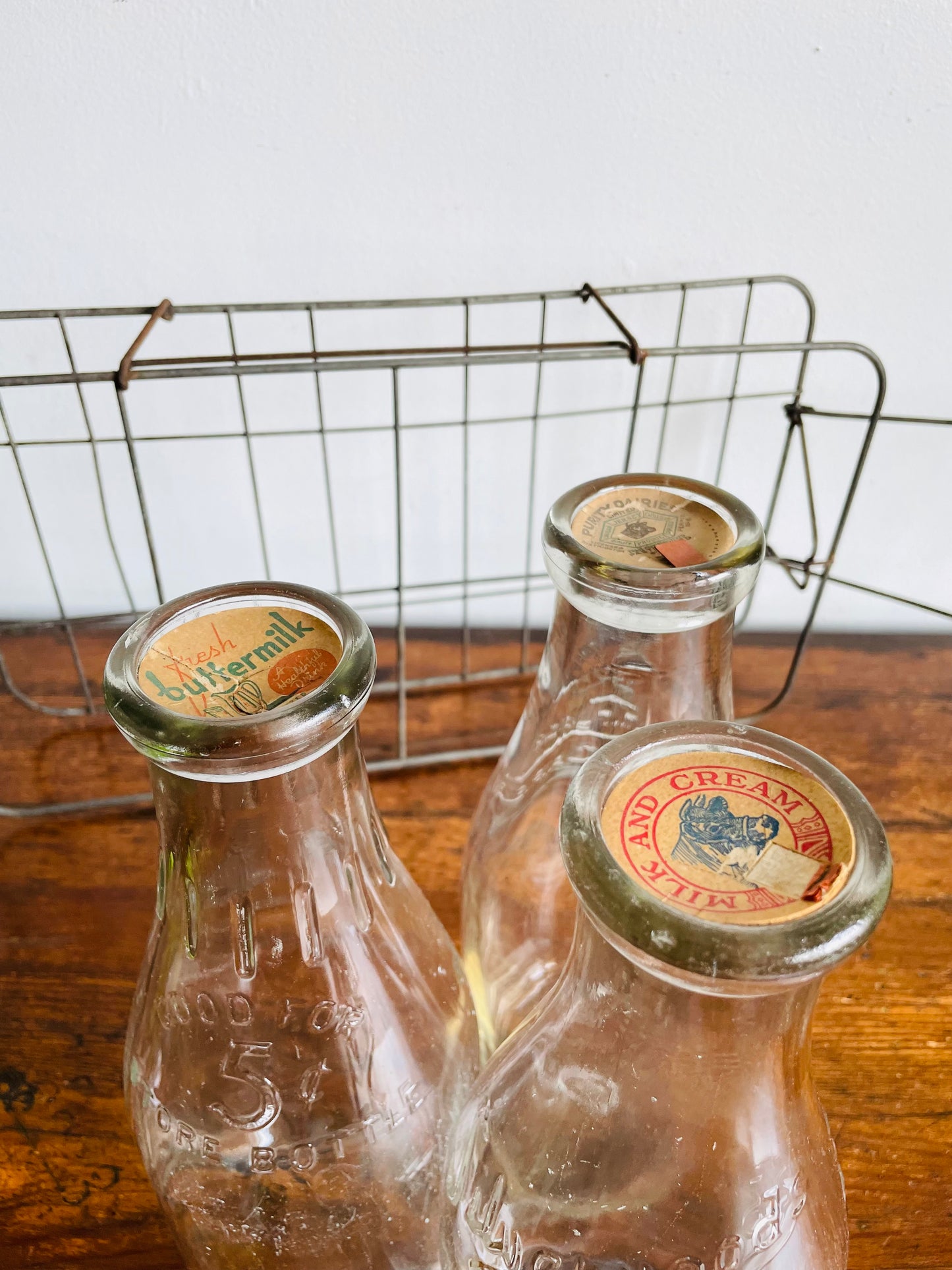 Vintage Metal Milk Bottle Caddy Carrier with Handles & Three Glass Milk Bottles with Cardboard Bottle Caps