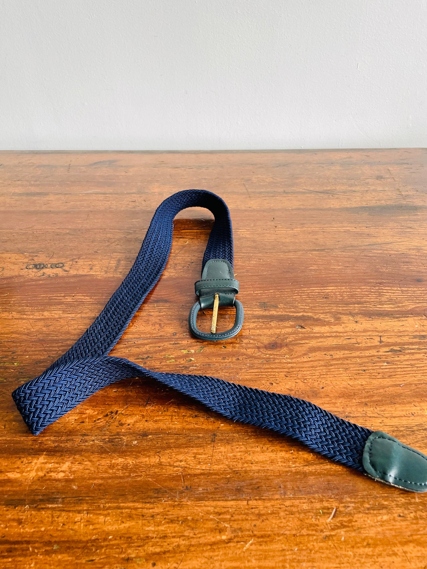 Navy Blue Braided Rope Belt with Leather Buckle - Very Stretchy Rope!