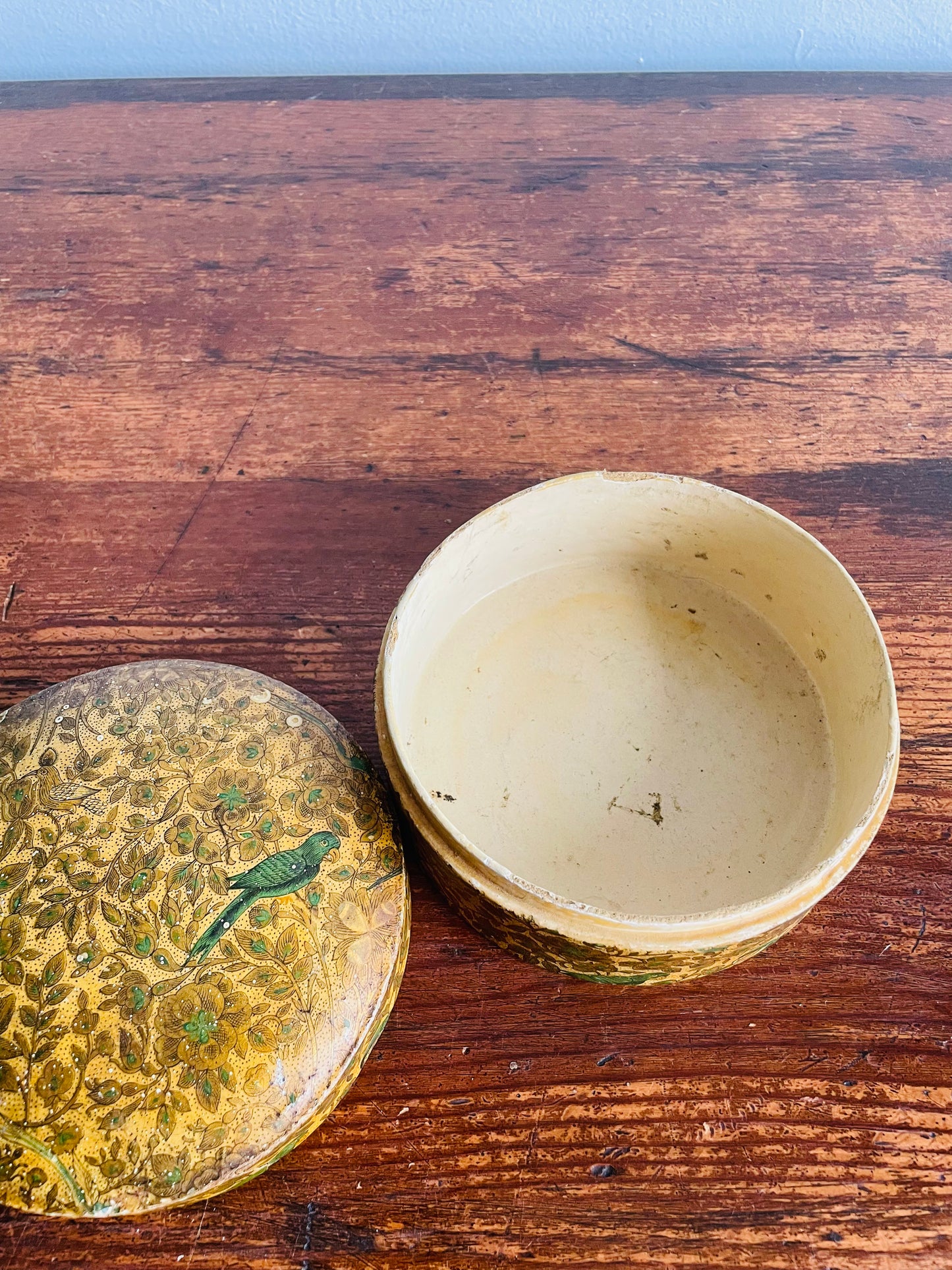 Round Paper Mache Trinket Box with Lid & Beautiful Leaf, Flower, & Bird Design