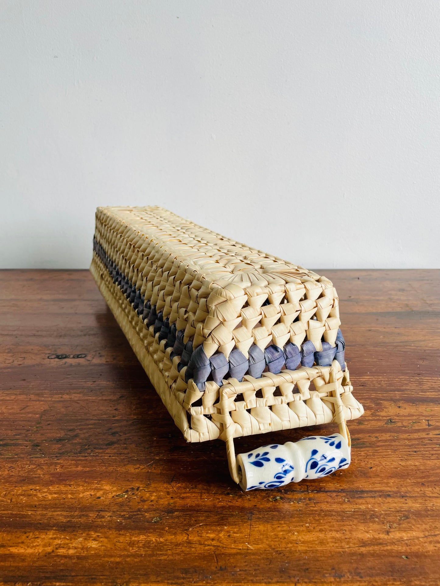 Light Woven Basket with Blue Stripe & Ceramic Handles