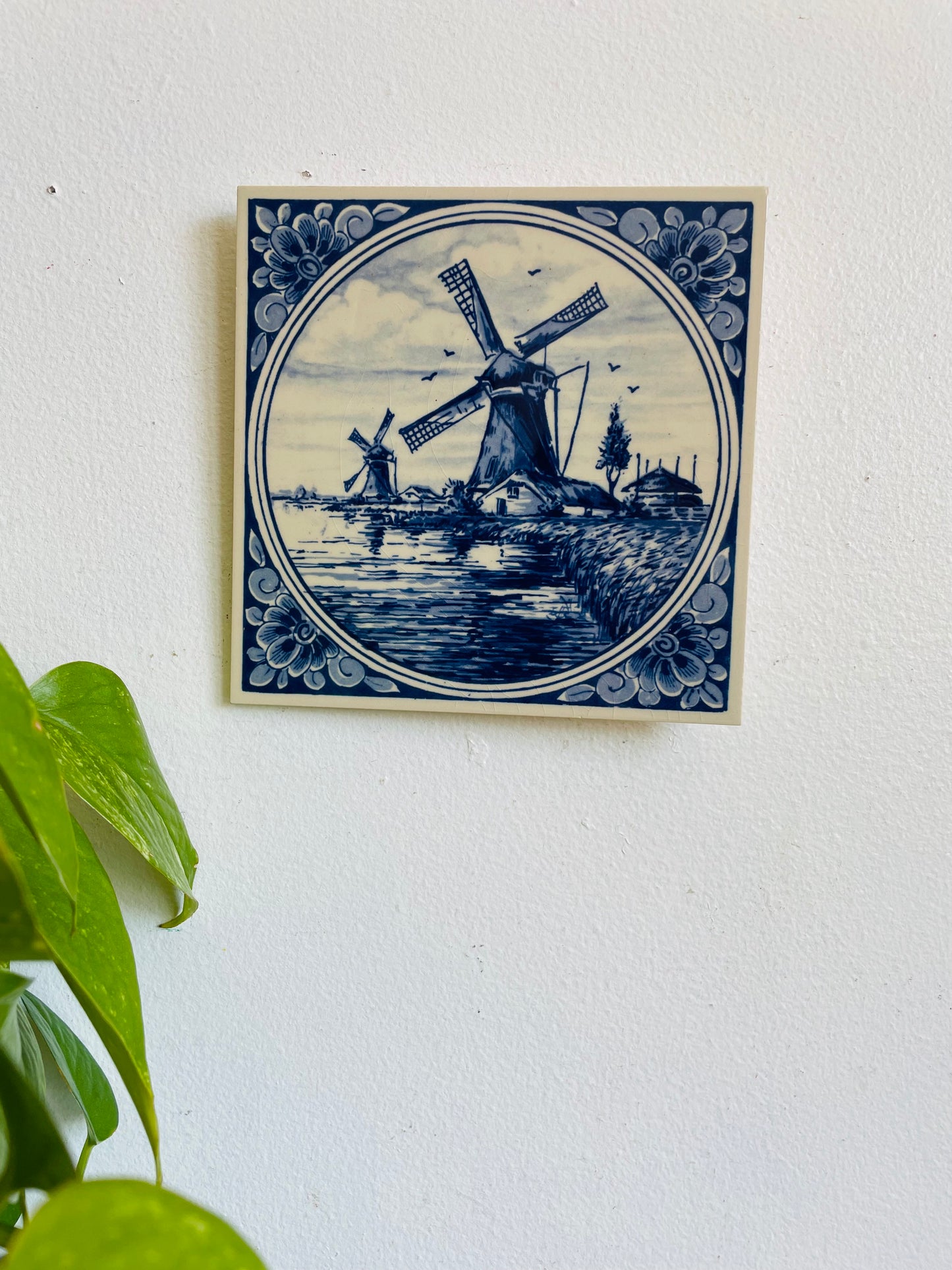 Vintage Delft Blue Dutch Windmill Hand Painted Tile - Can Hang on Wall - Made in Holland