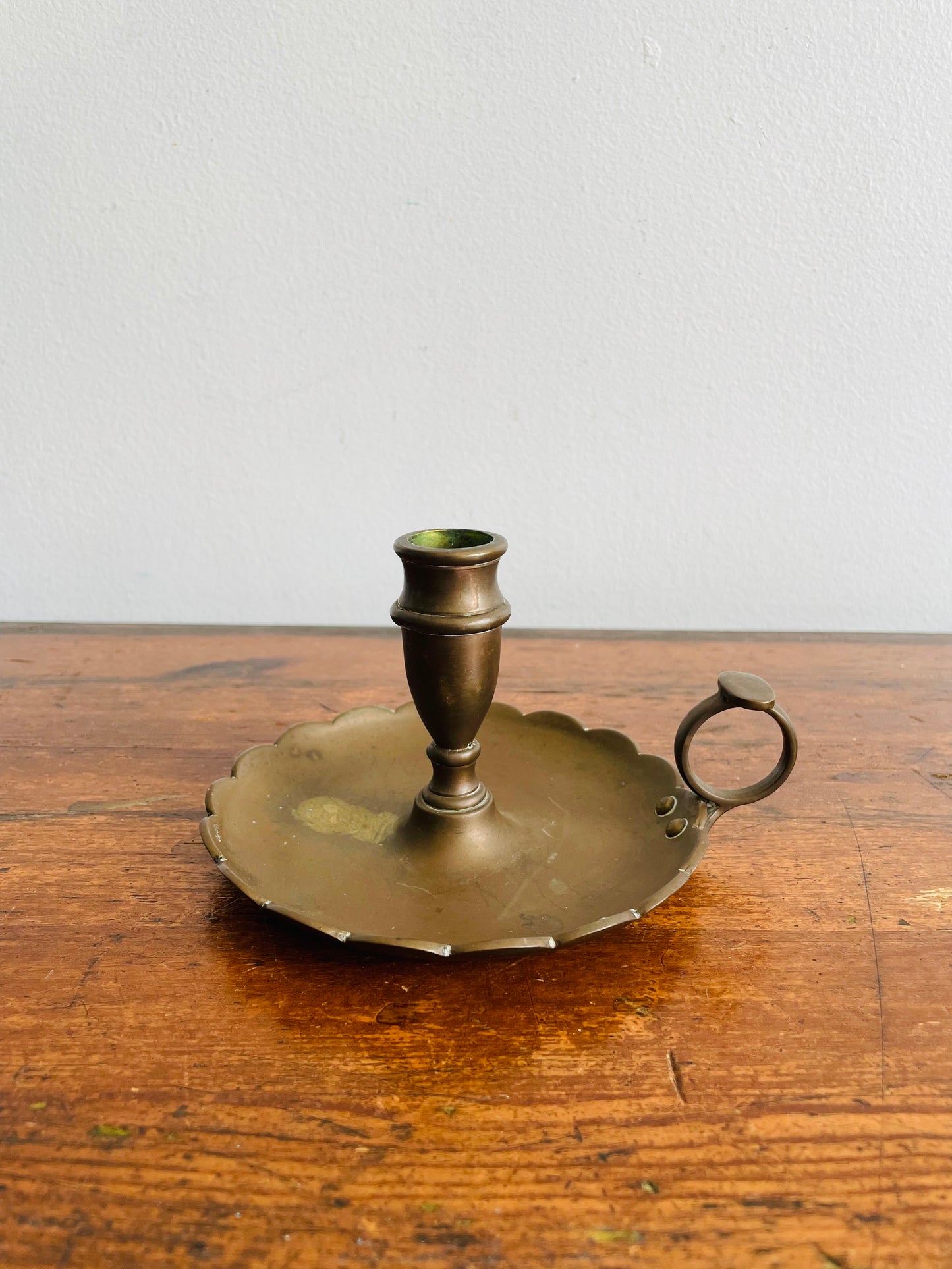 Antique Heavy & Solid Brass Chamberstick Candle Holder with Scalloped Edge