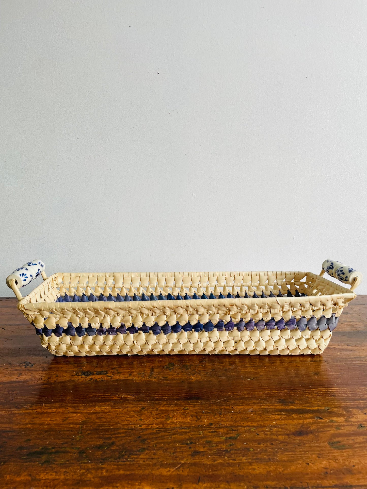 Light Woven Basket with Blue Stripe & Ceramic Handles