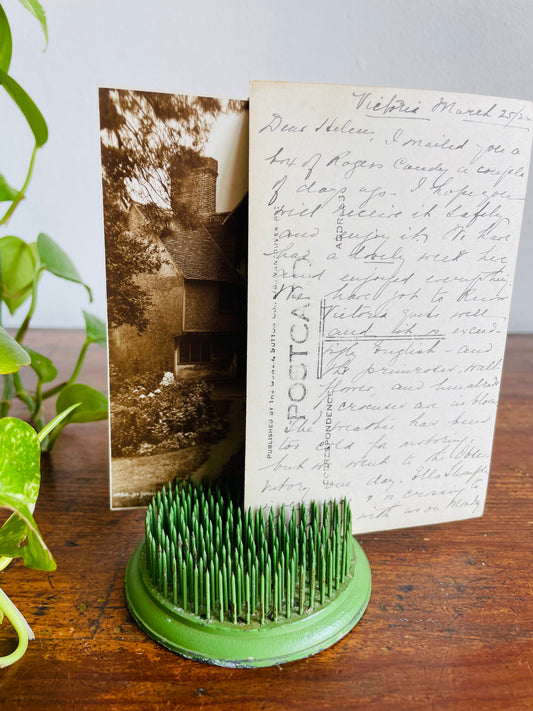 Round Green Metal Spiked Flower Frog - Ikebana Vase Style - Also Holds Pictures, Memos, Etc.