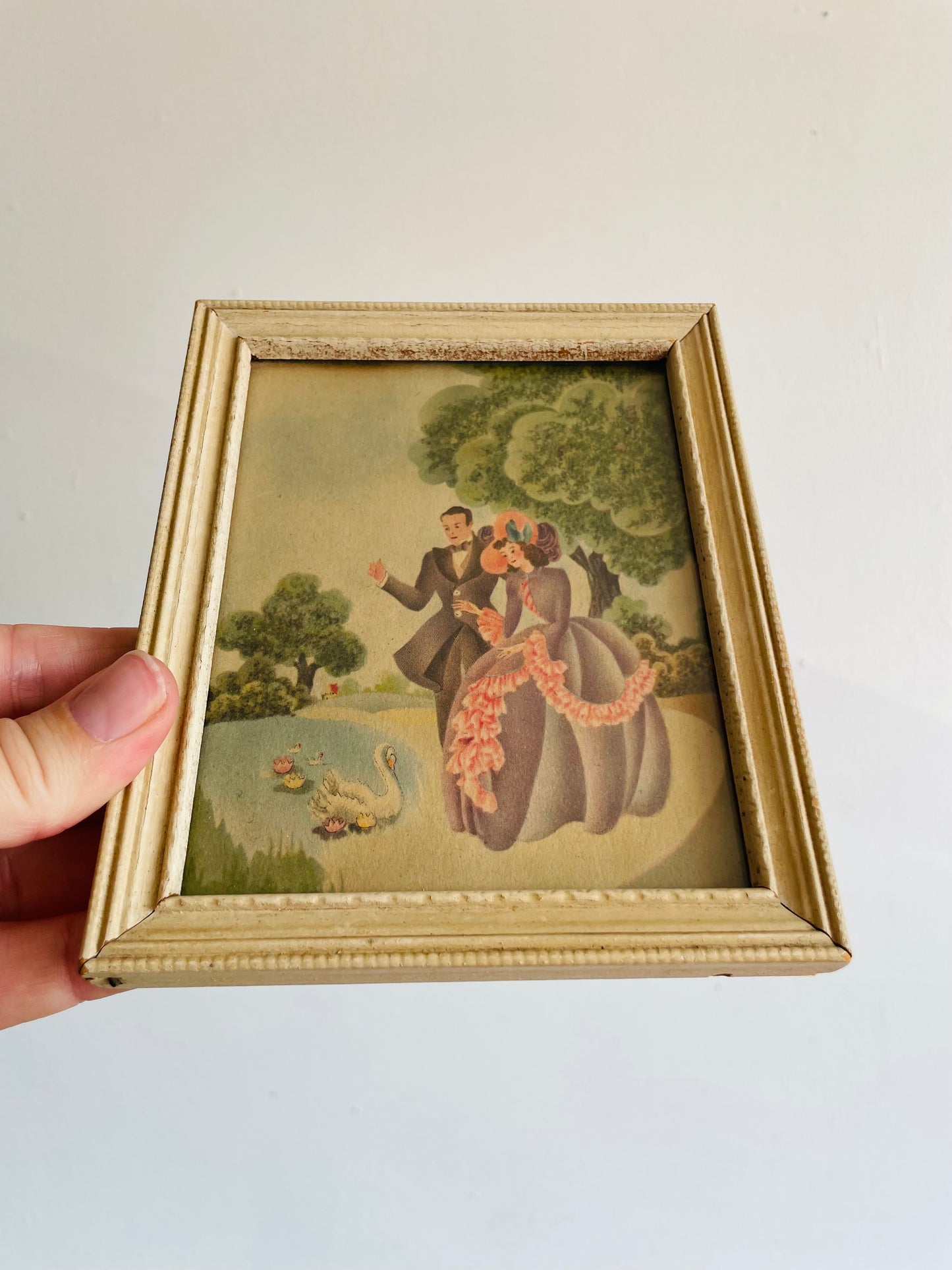 Lithograph Print Picture of Man & Woman in Purple Victorian Dress Beside Lake with Swan