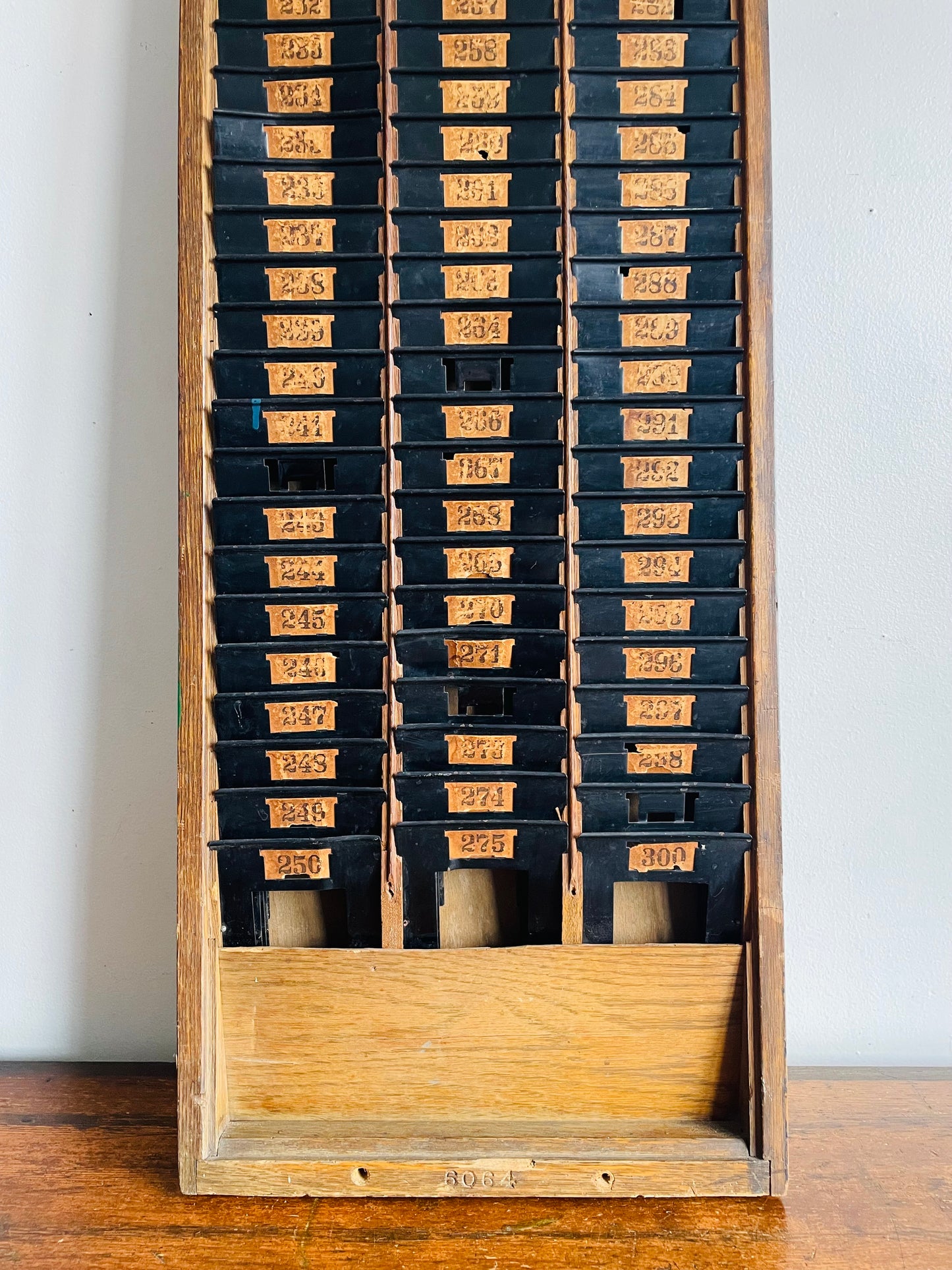 Antique Industrial Wood & Metal Time Card Slot Rack Holder with Numbers - Apothecary Shelf Decor Style - Can Lean or Hang on Wall