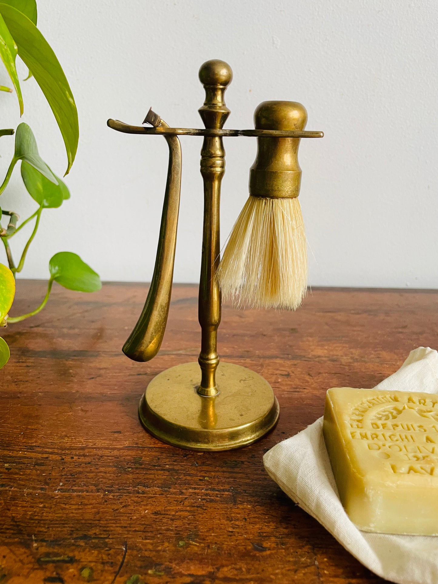 Vintage Solid Brass Shaving Set - Includes Stand, Razor & Brush - Can Attach a New Razor Head to Use!
