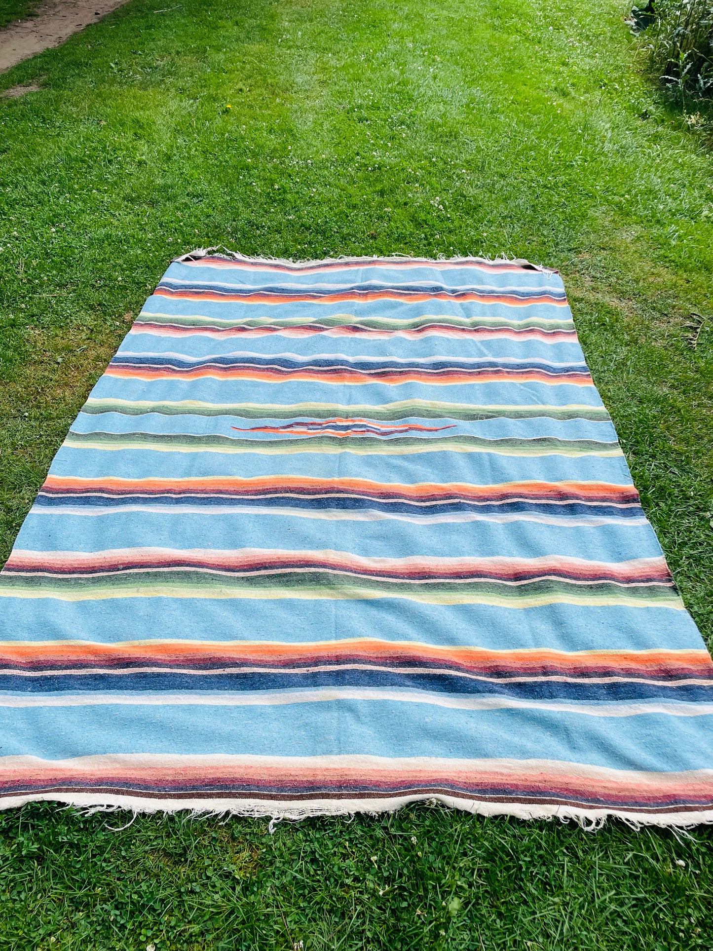 Very Large Mexican Blanket with Stripes & Aztec Pattern - AS-IS