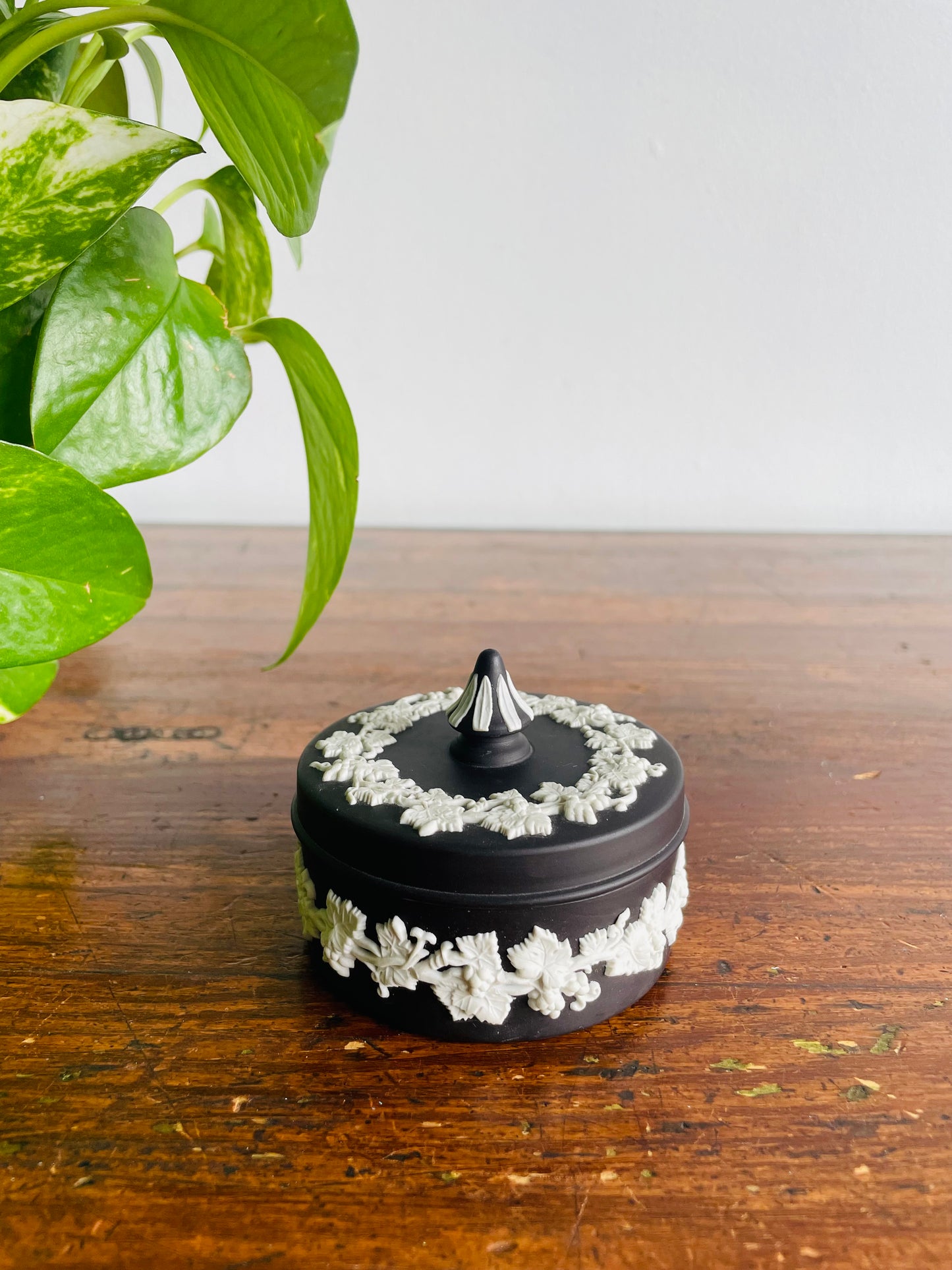 Black Jasperware Wedgwood Round Trinket Dish with Lid - Made in England