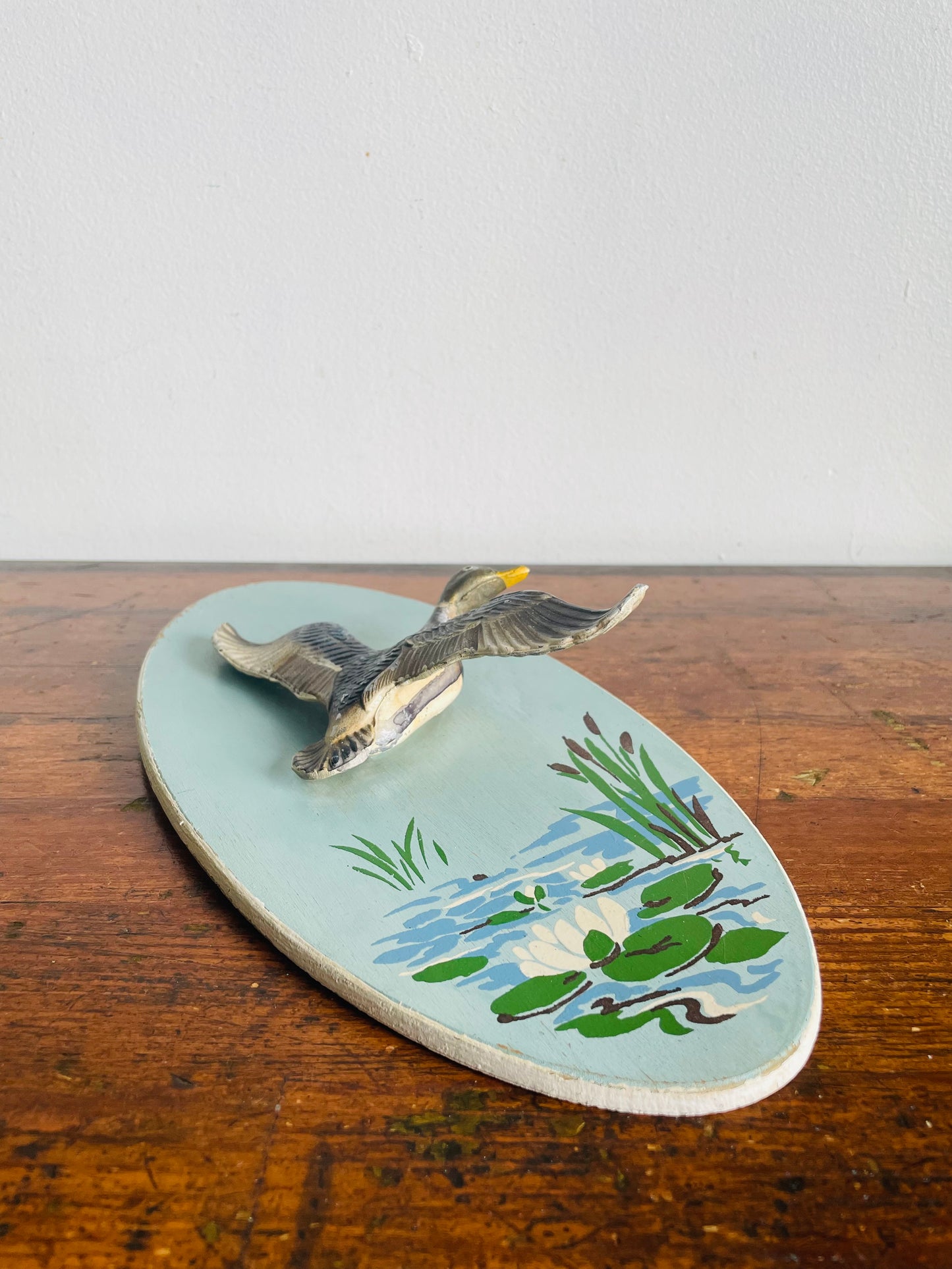 Vintage Hand Painted Oval Wall Plaque Picture with 3D Metal Mallard Duck in Flight