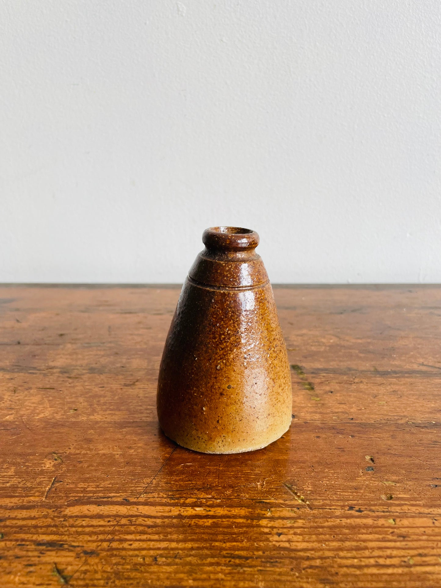 Antique Brown Salt Glaze Stoneware Pottery Cone Shaped Ink Well Bottle - Makes a Great Bud Vase!