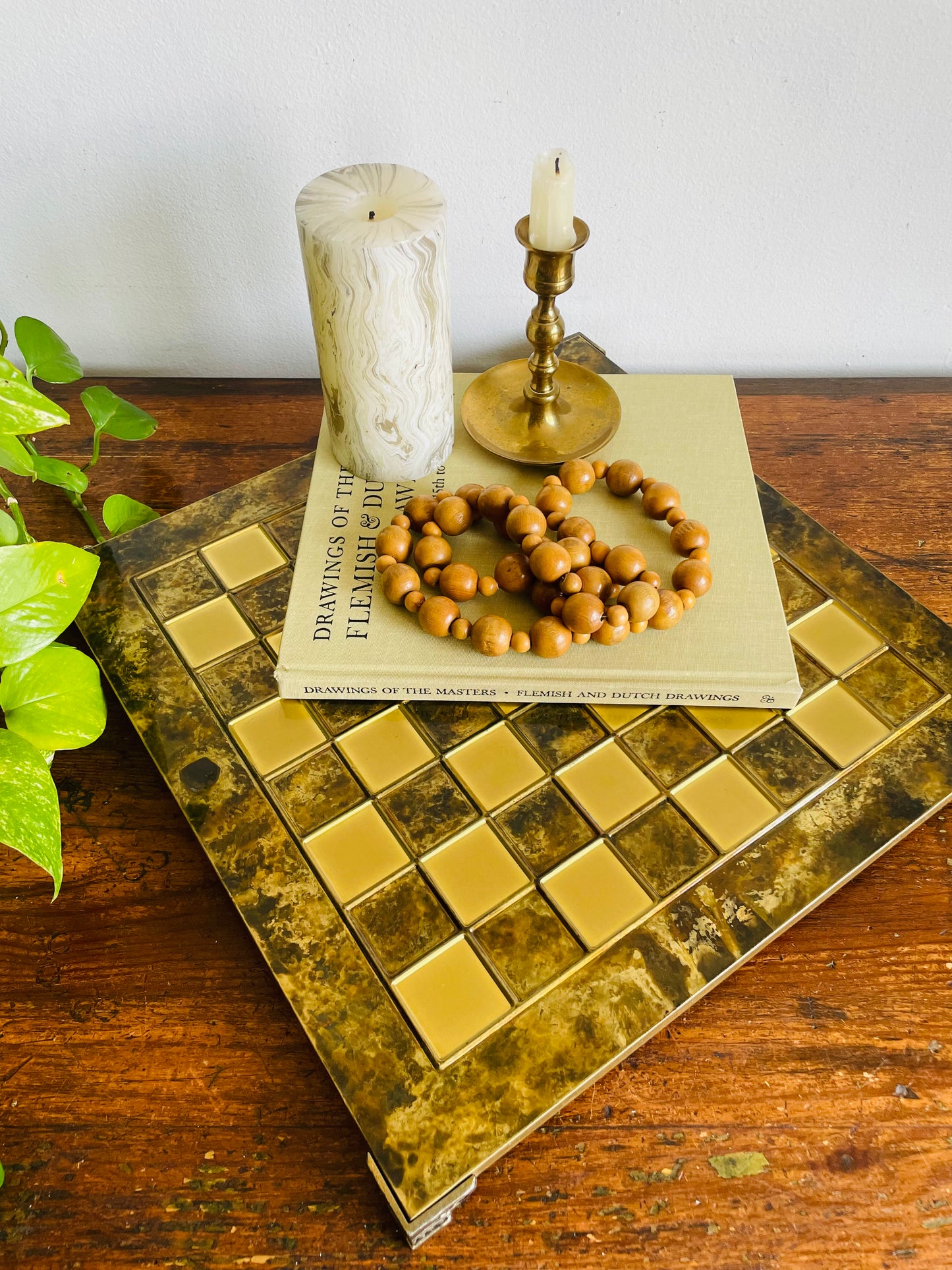 Footed Solid Brass Chessboard with Marbled Design - Great for a Game, Staging, Tray, Background, Etc.