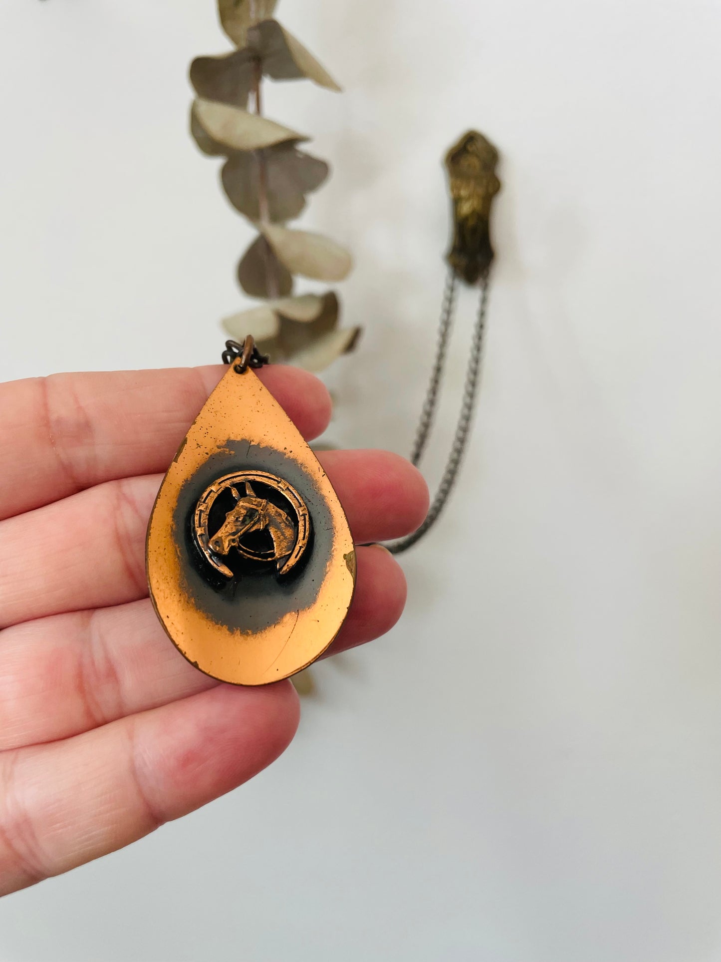 Copper Equestrian Horse & Horseshoe on Teardrop Pendant Chain Necklace