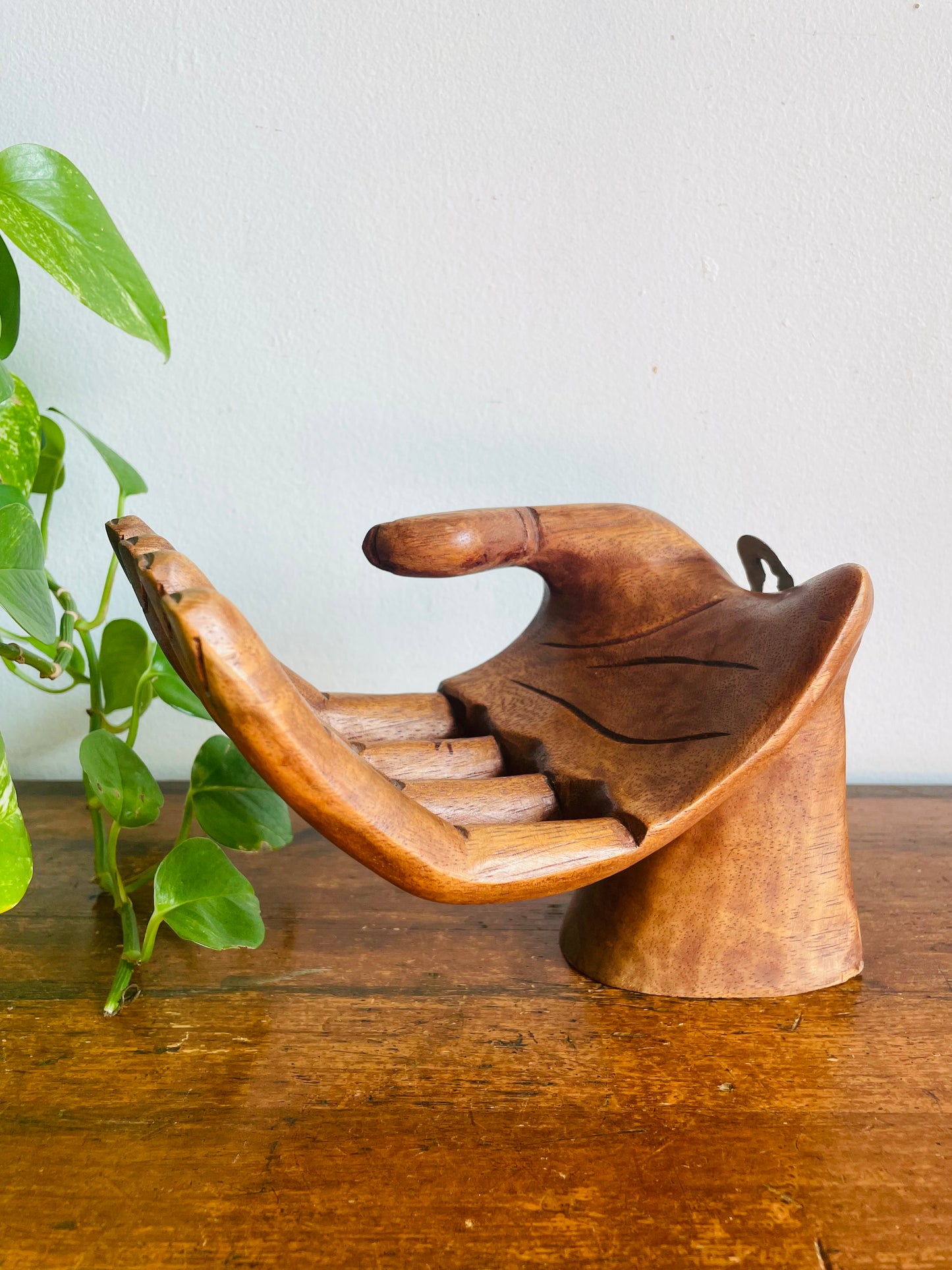 Vintage Large Carved Wood Right Hand - Can Stand or Hang on Wall - Fingers Curve to Hold Objects - Air Plant, Toilet Paper Roll, Business Cards, Etc.