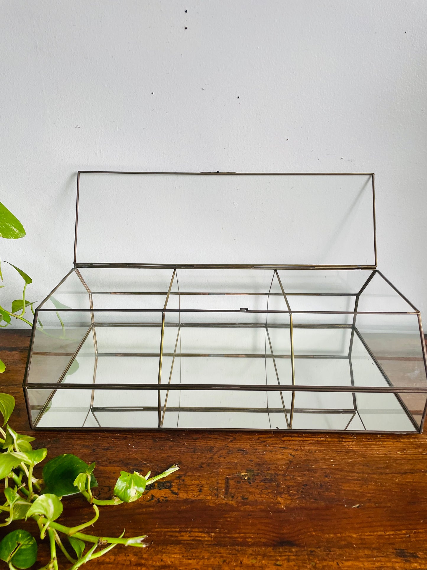 Vintage 19" Tall Brass & Mirrored Glass Curio Shelf Cabinet - Can Stand or Hang