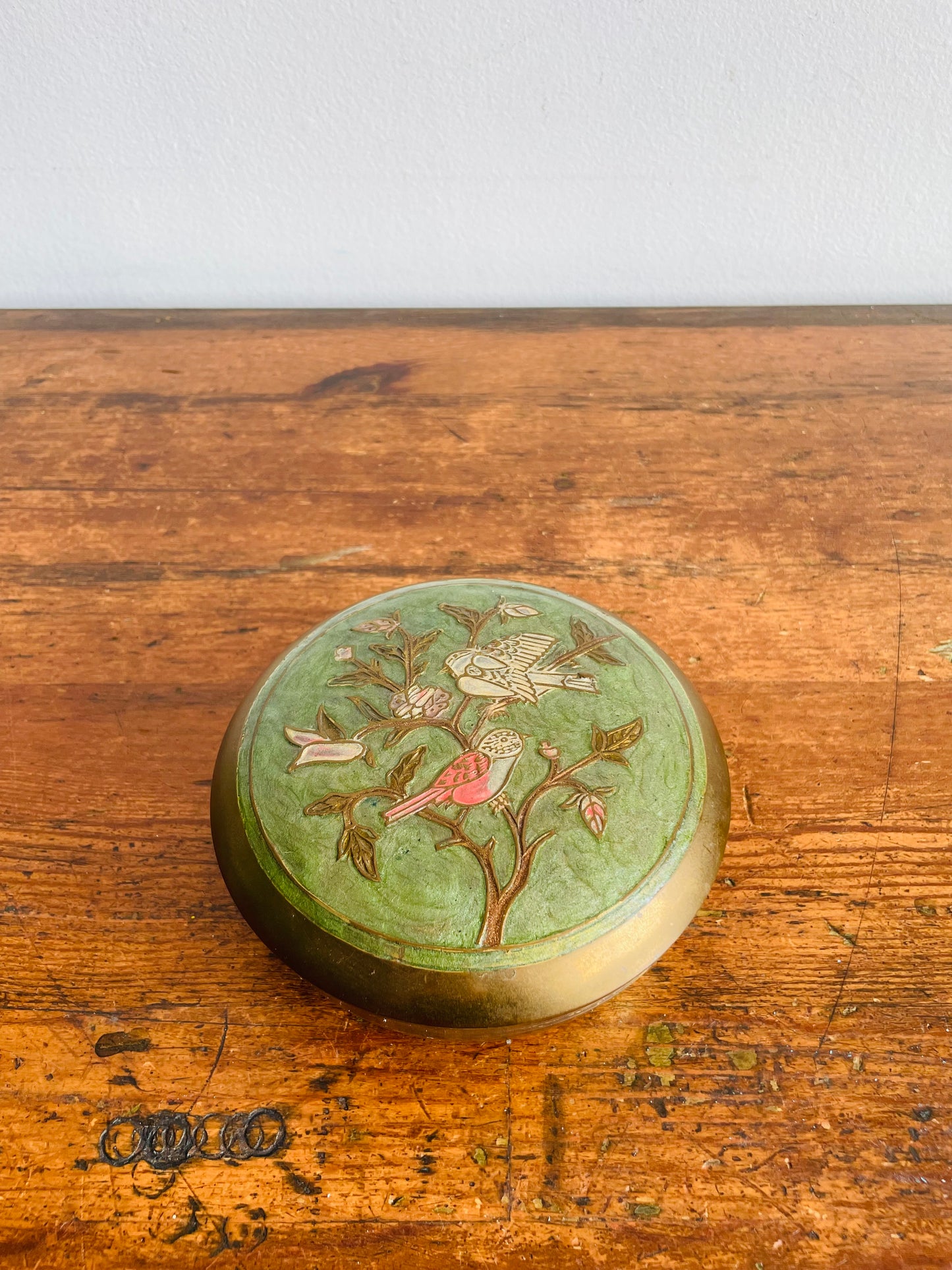 Round Solid Brass Trinket Jewellery Box with Enamelled Lid & Bird Design - Made in India