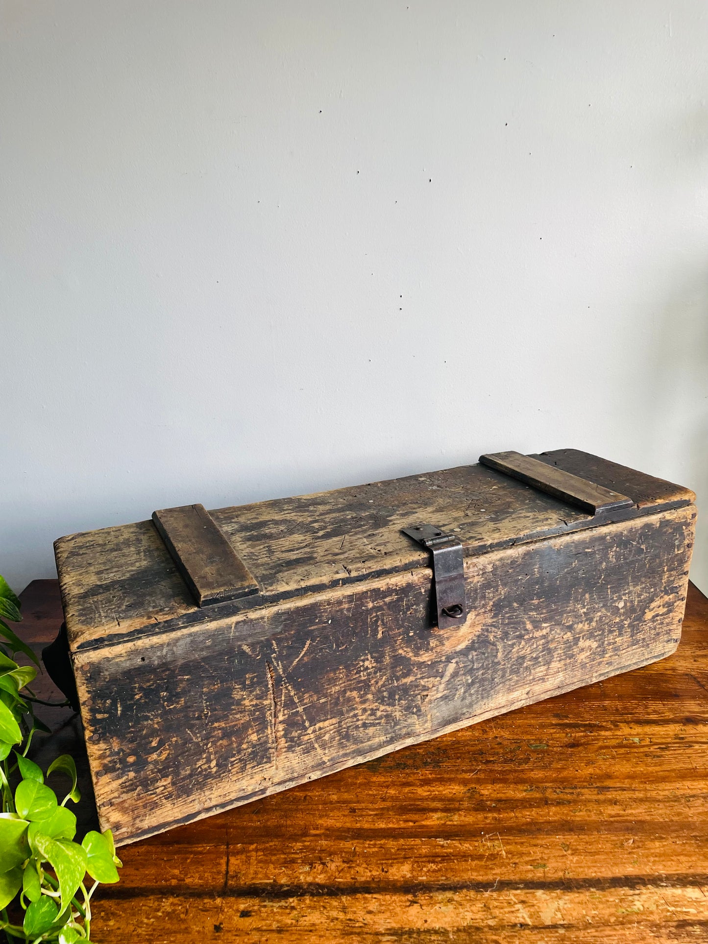 Vintage Solid & Rustic Wood Box Trunk with Beautiful Aged Patina, Metal Latch to Close, Hinged Lid & Leather Handles - Great Indoor or Outdoor Porch Decor!