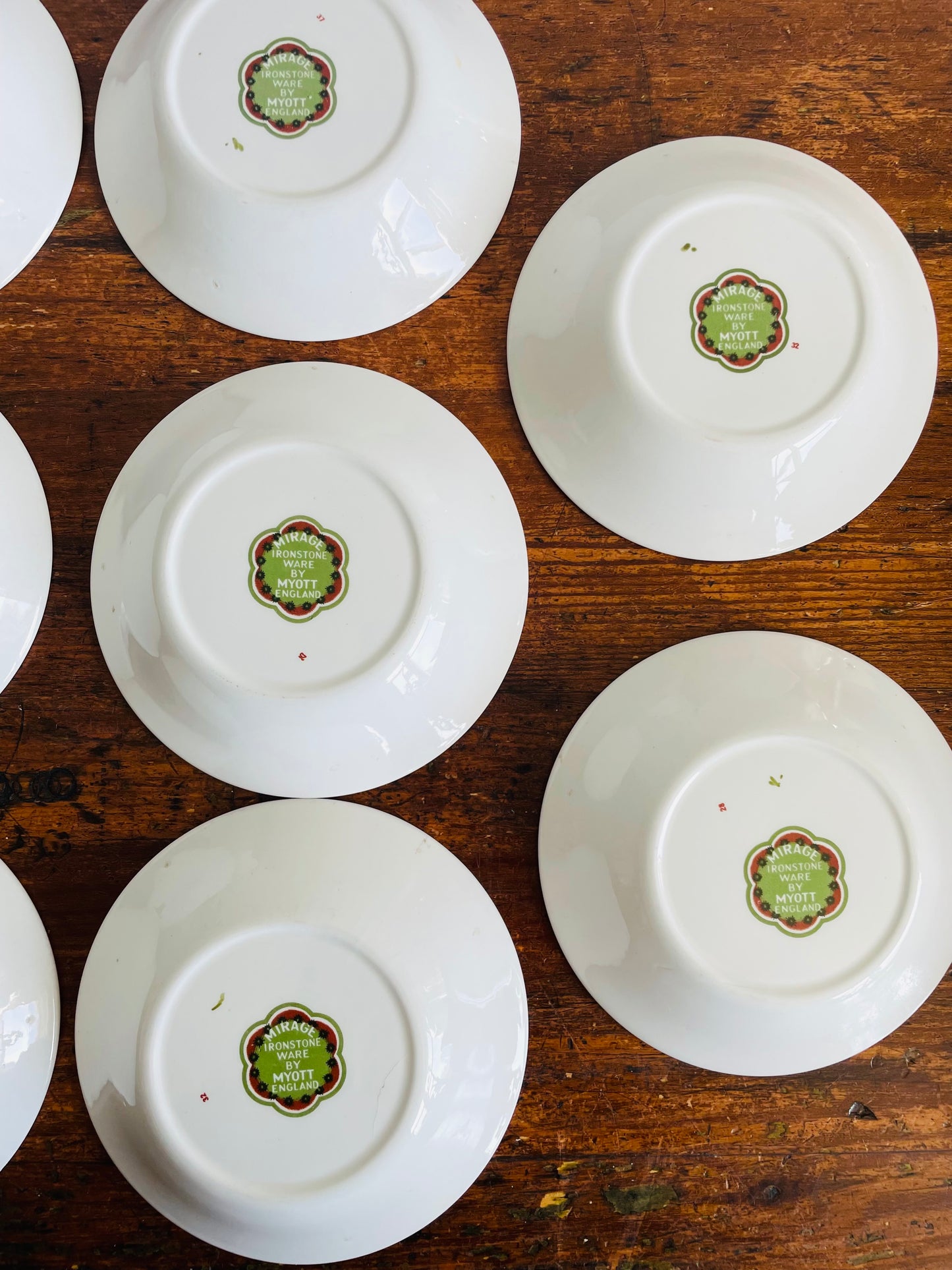 Vintage 5.5" Shallow Snack Bowls with Groovy Orange, Yellow & Green Flower Power Pattern - Mirage Ironstone Ware by Myott - Set of 8 - Made in England