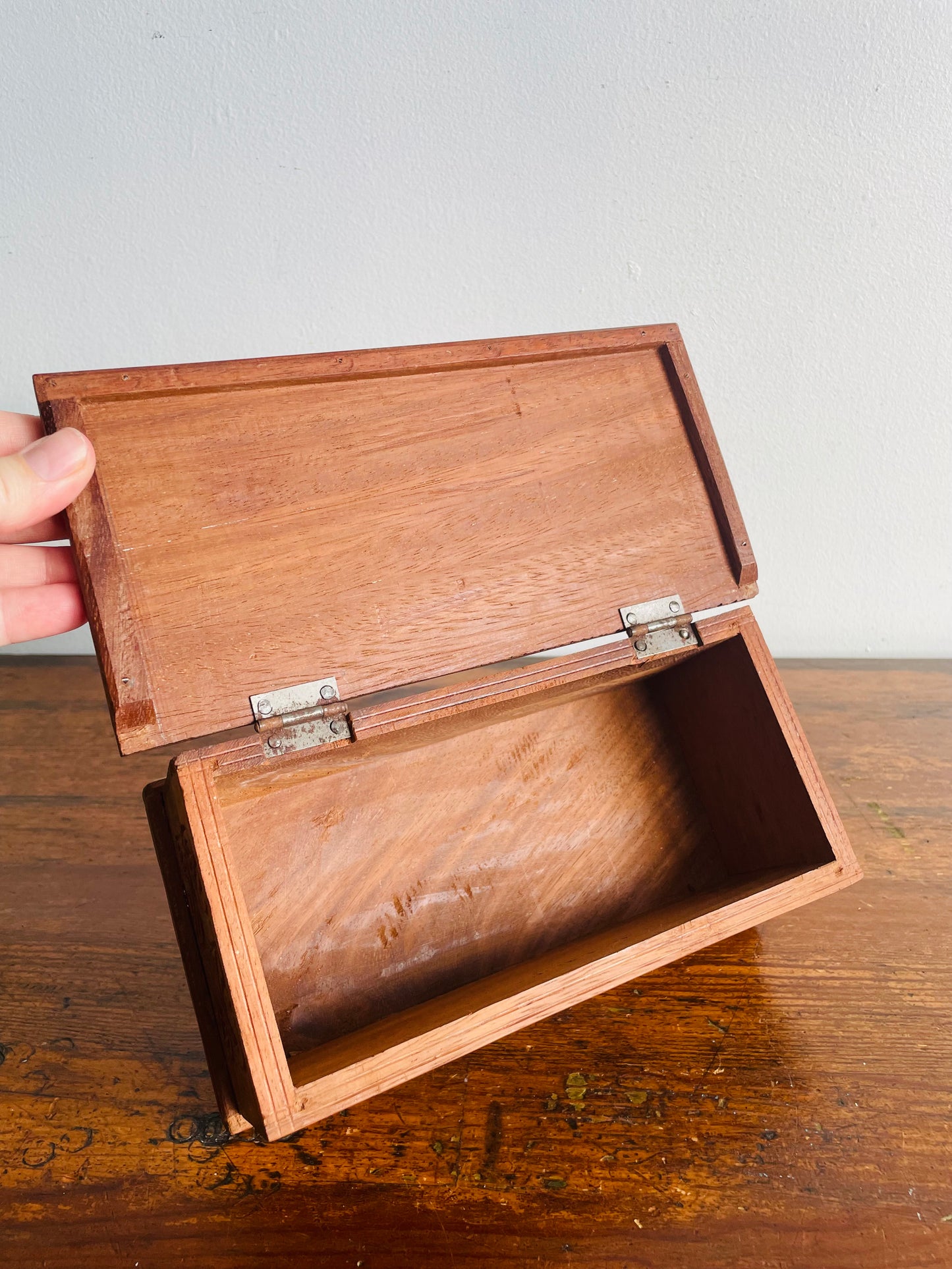 Sturdy Hand Carved Wooden Trinket Box with Interesting Design & Hinged Lid