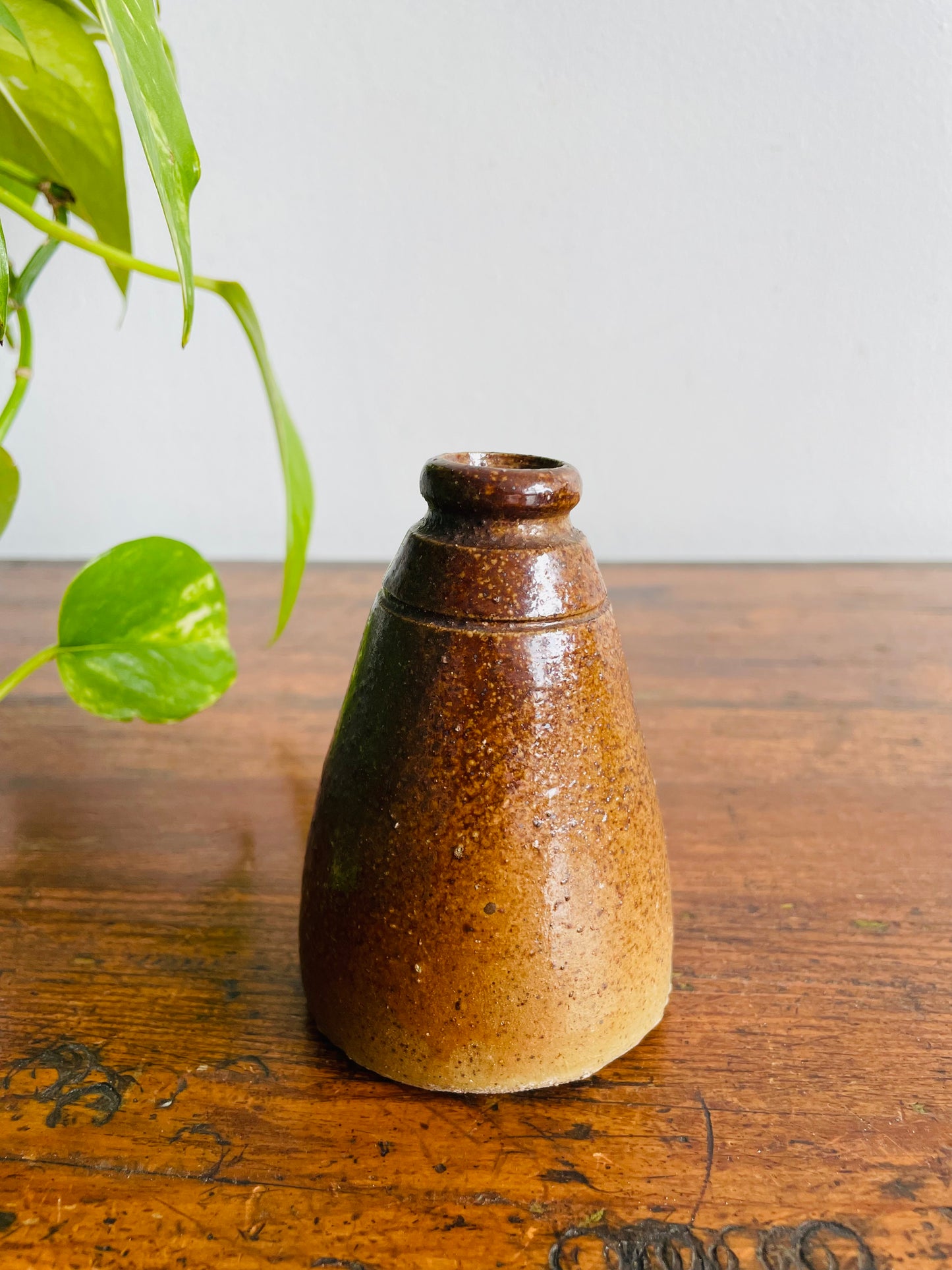 Antique Brown Salt Glaze Stoneware Pottery Cone Shaped Ink Well Bottle - Makes a Great Bud Vase!