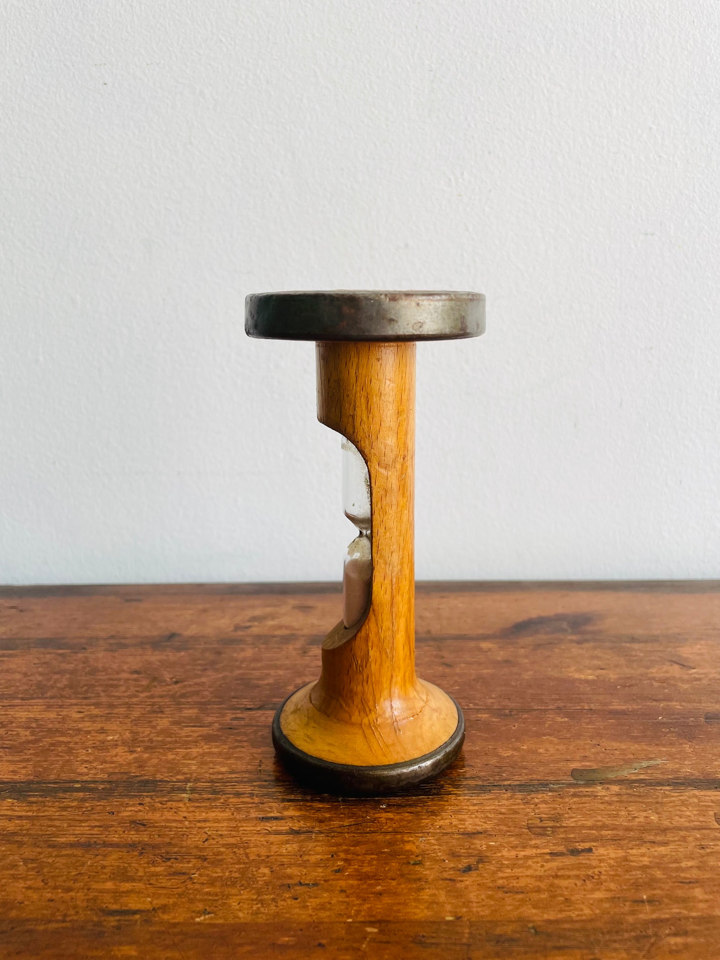 Hourglass Egg Timer Built Into Wood & Metal Bobbin Spool - 3.5 Minutes
