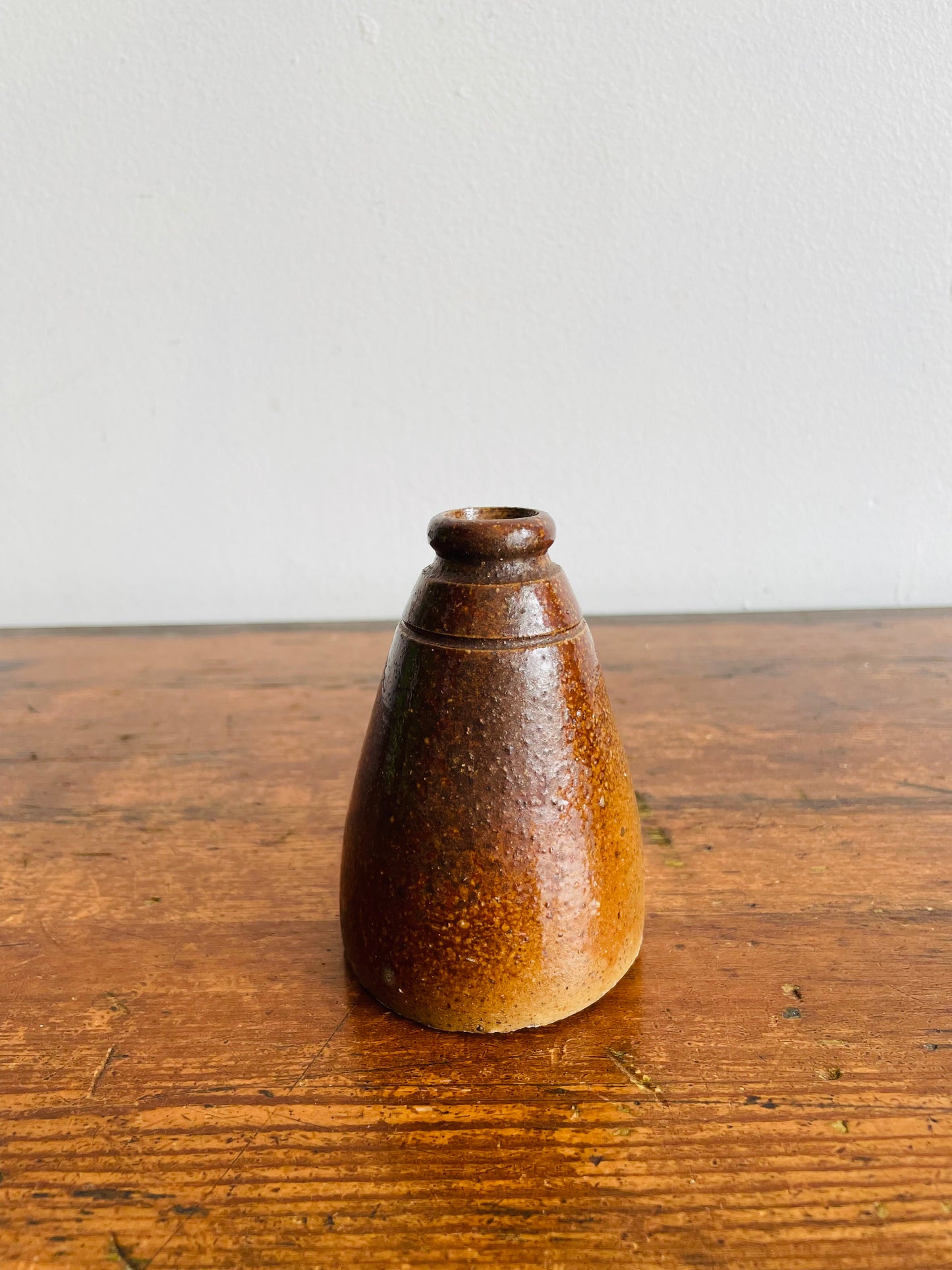 Antique Brown Salt Glaze Stoneware Pottery Cone Shaped Ink Well Bottle - Makes a Great Bud Vase!