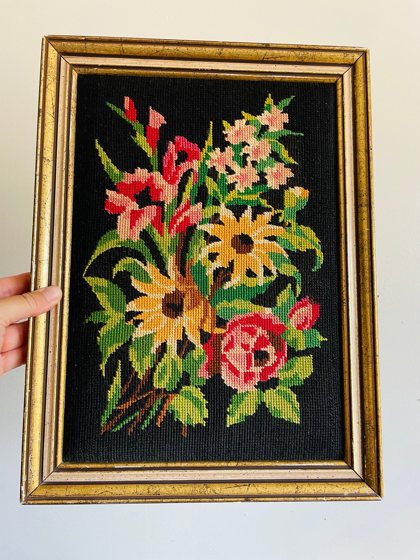 Stunning Floral Needlepoint Embroidery Picture with Bright Flowers on Black Background