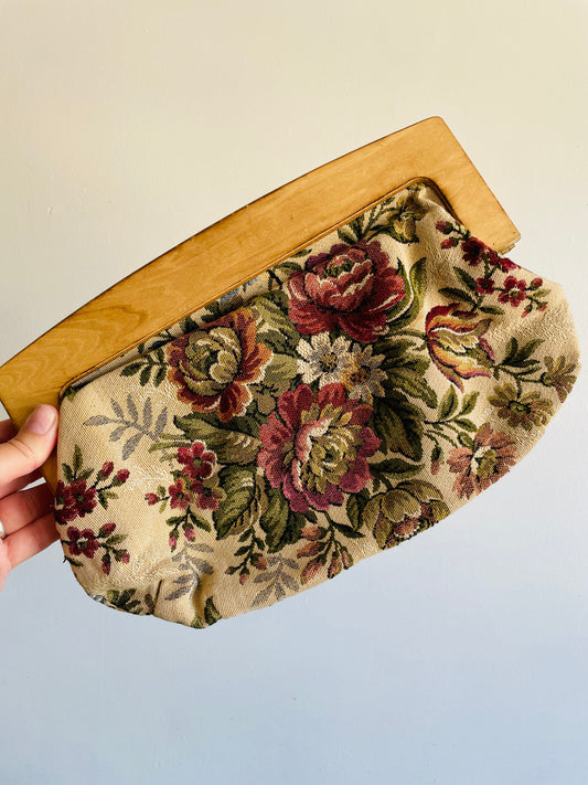 Wood & Floral Tapestry Fabric Clutch Purse with Magnetic Clasp