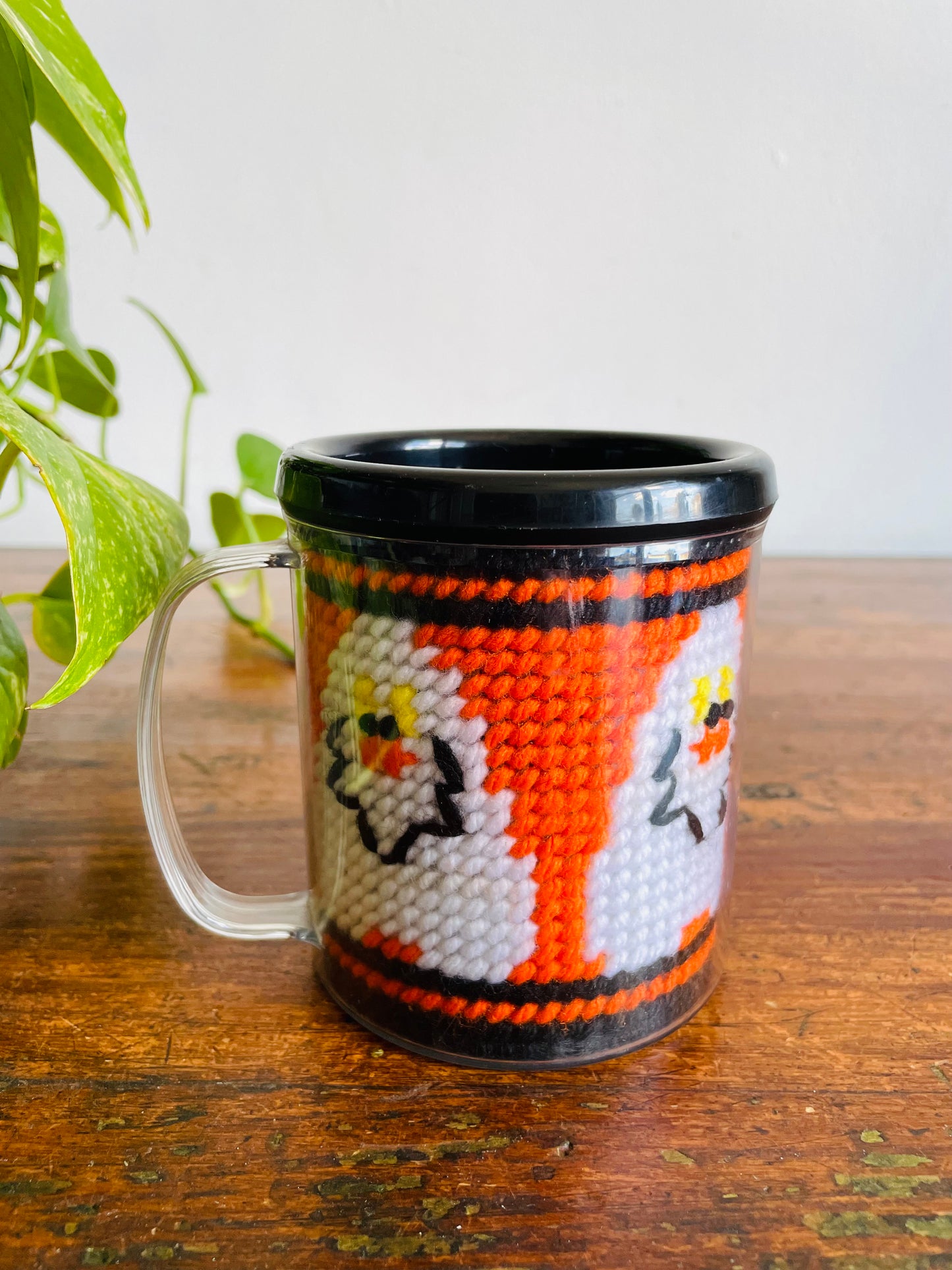 Vintage Halloween Mug with Plastic Canvas Yarn Embroidery Design of Smiling Ghosts