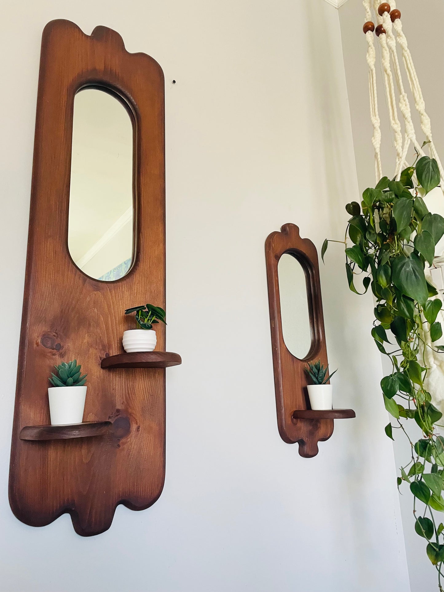 Vintage Organic Wavy Shaped Wood Mirror with Shelf Ledge #1 - 2 Feet Long - No Shipping