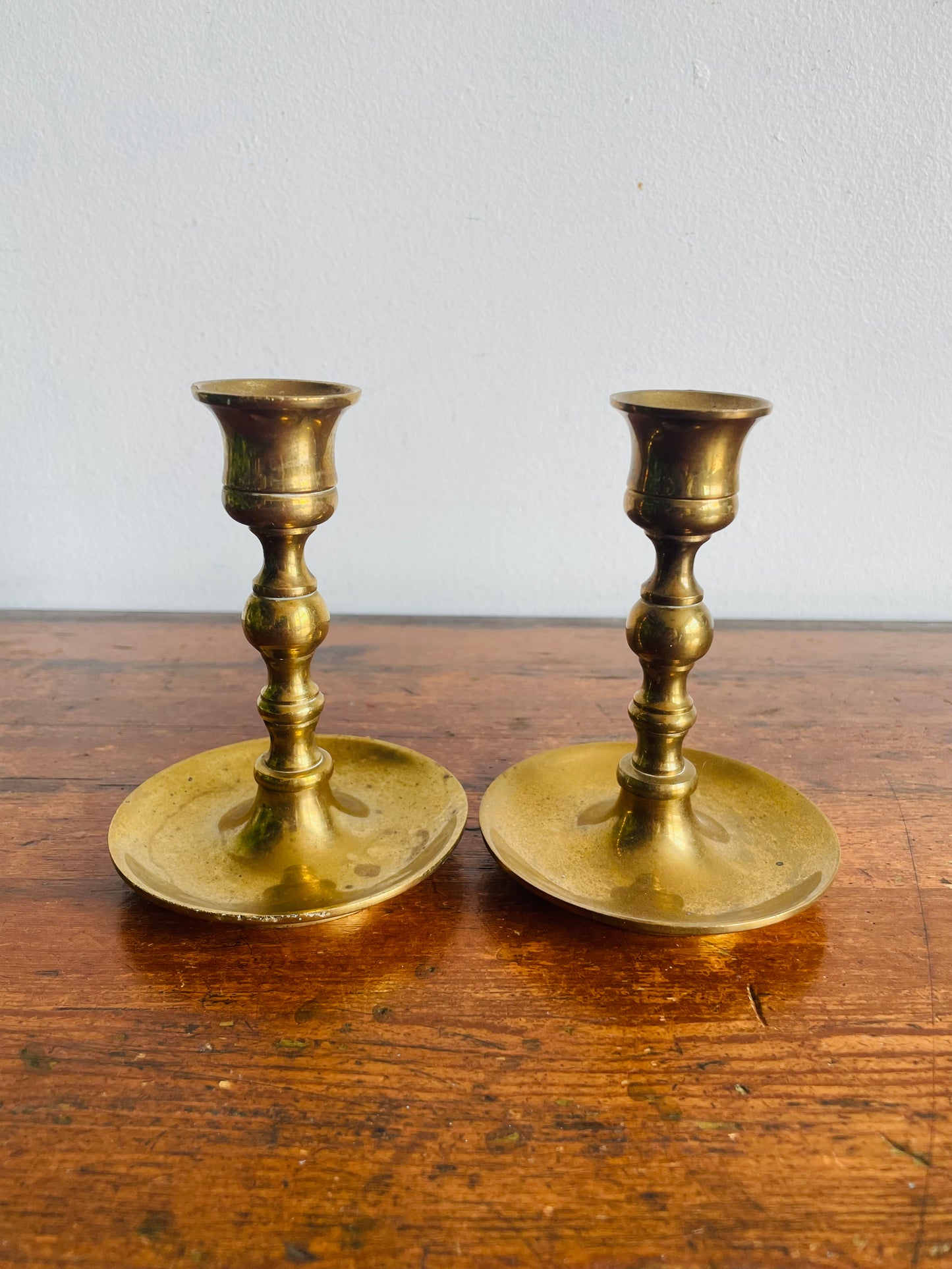 Vintage Heavy & Solid Brass Candle Holders with Spindle Shape & Curved Bases - Can Unscrew - Set of 2