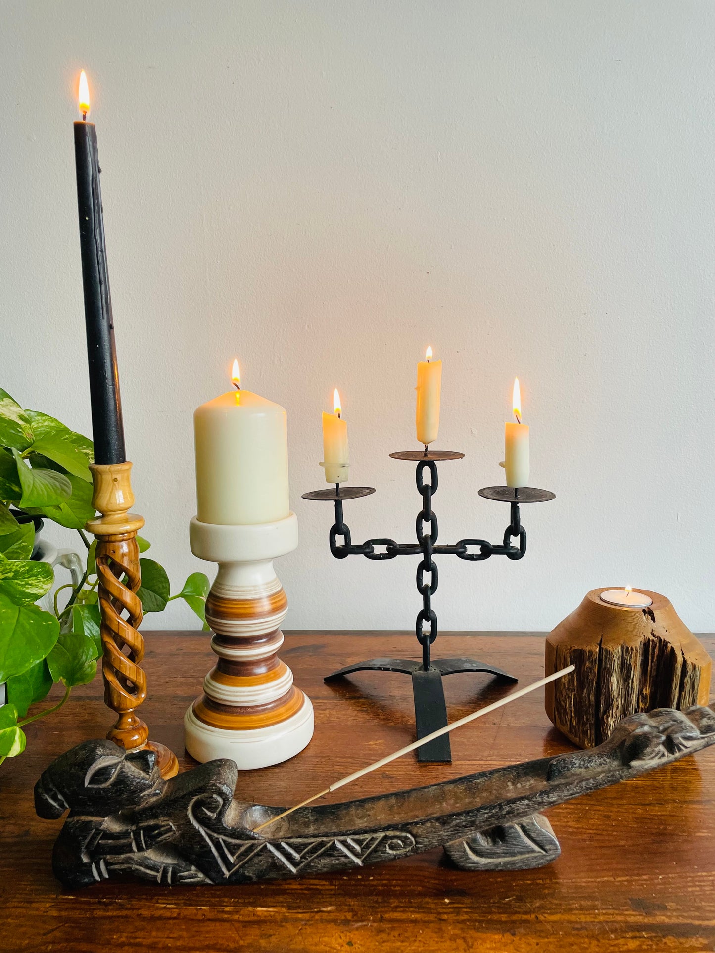 Olive Wood Twisted Spiral Candlestick Holder with Open Barley-Twist