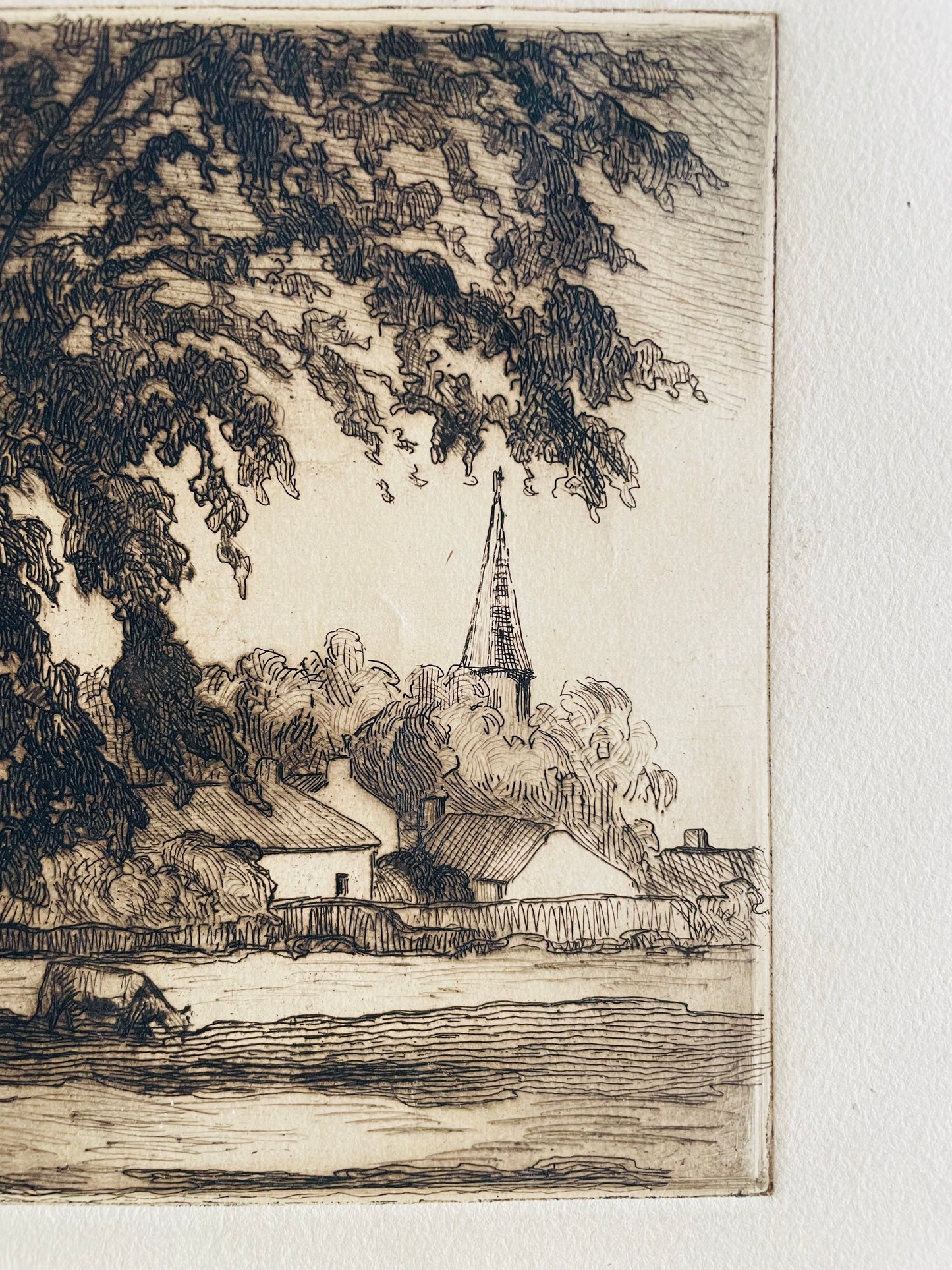 Etched Picture of Cow Grazing Under Tree with Town & Steeple in Background - Artist Signed