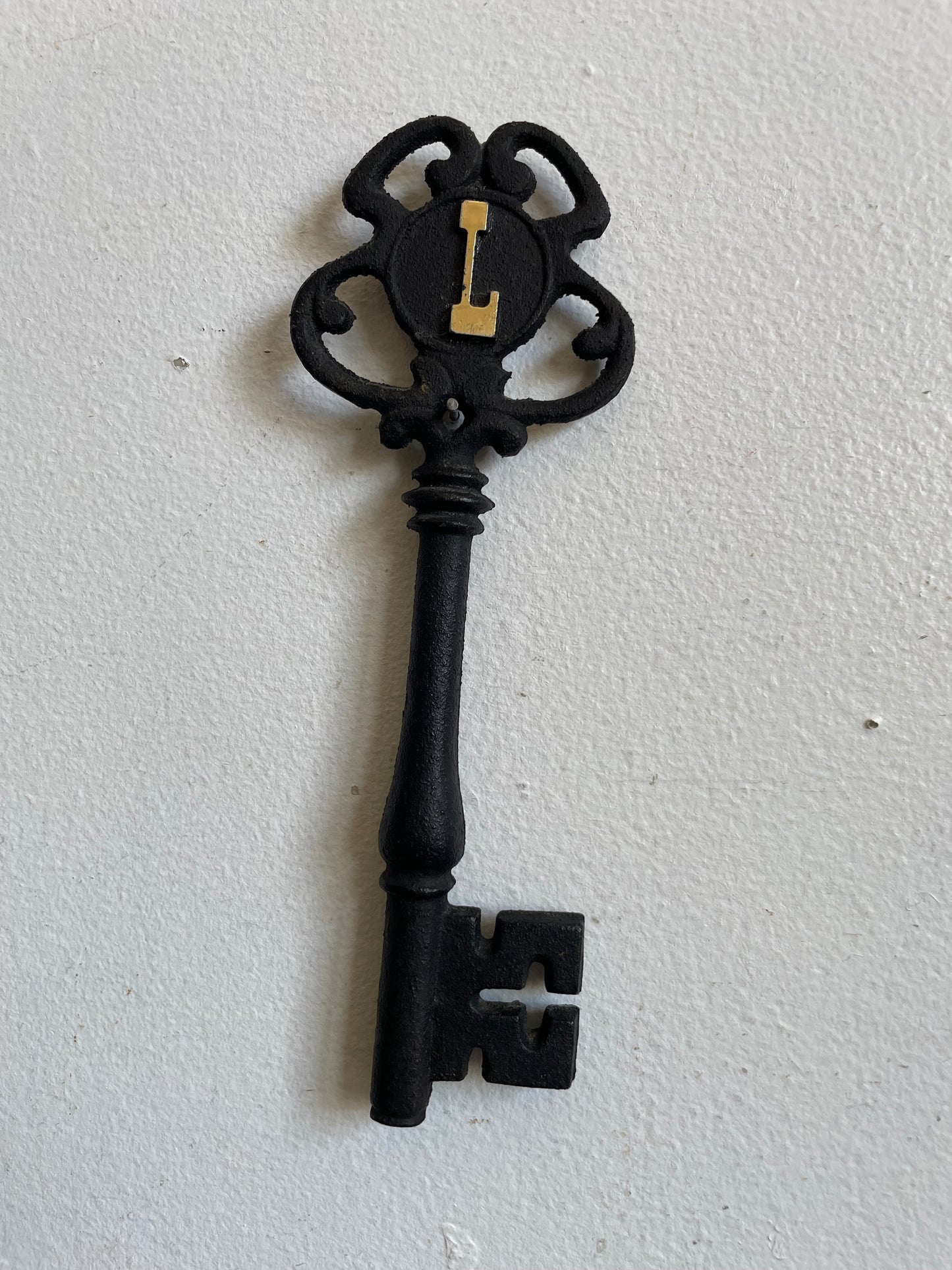 Large Black Cast Iron Skeleton Key Monogrammed with a Gold Letter L