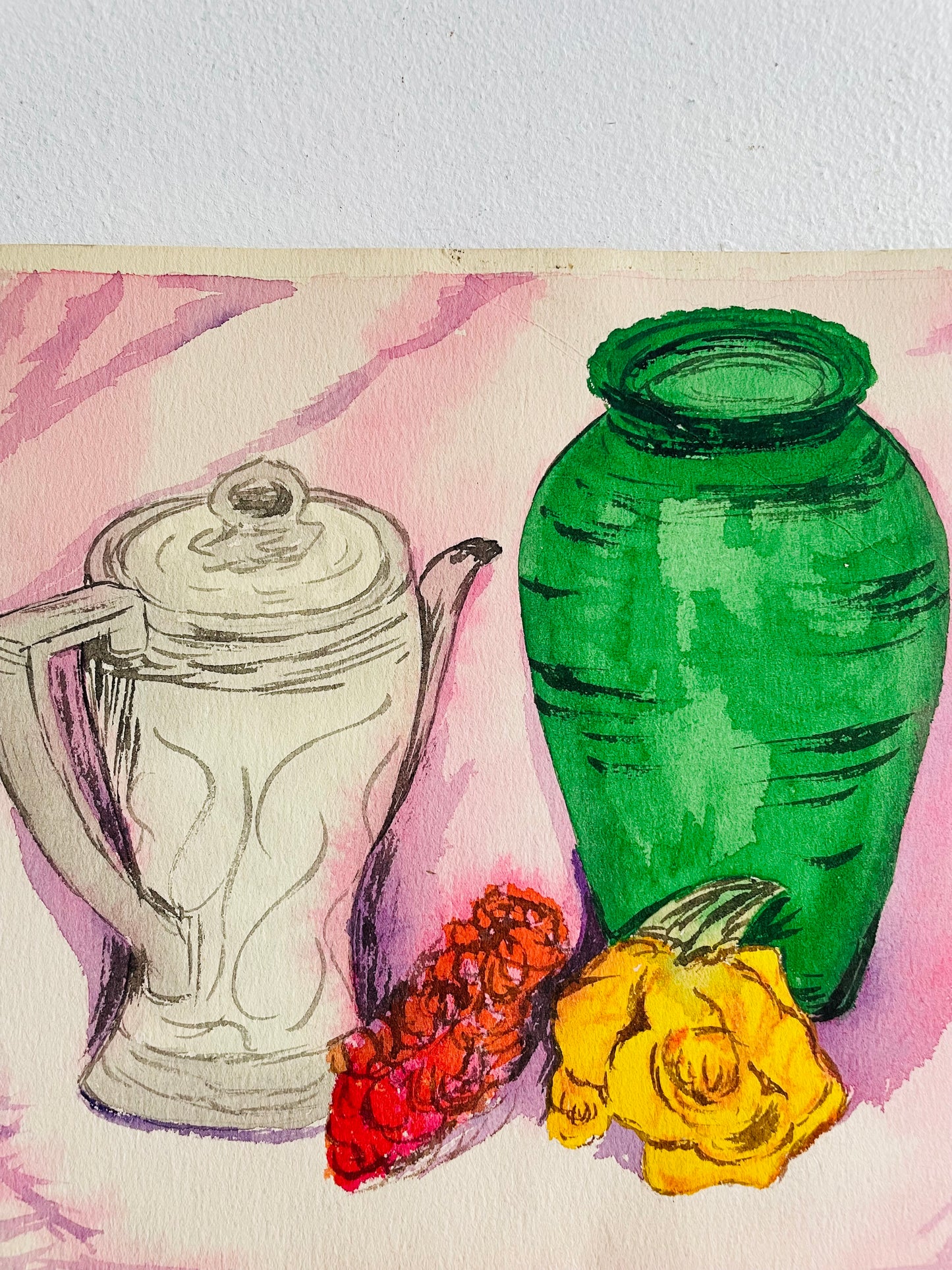 1955 Original Art Watercolour Still Life Painting on Paper - Signed Rene