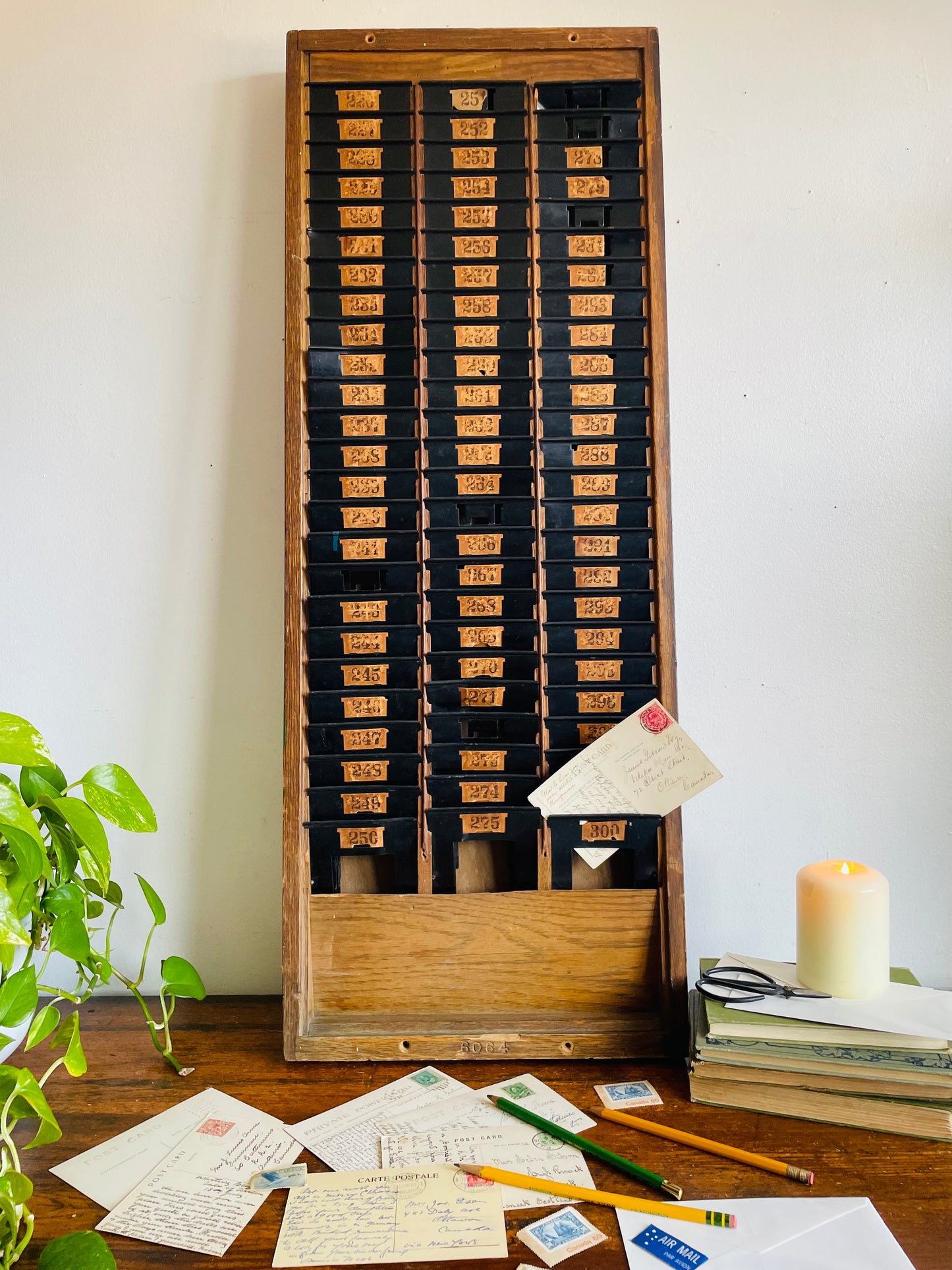 Antique Industrial Wood & Metal Time Card Slot Rack Holder with Numbers - Apothecary Shelf Decor Style - Can Lean or Hang on Wall