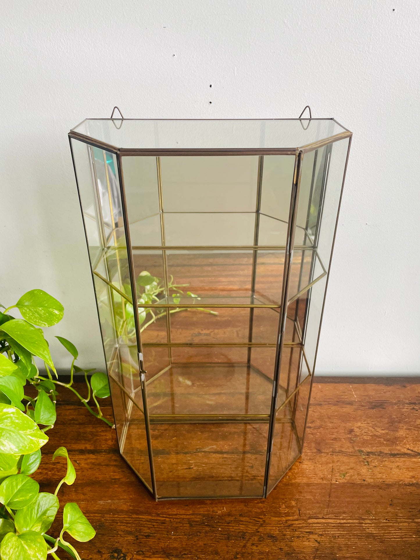 Vintage 19" Tall Brass & Mirrored Glass Curio Shelf Cabinet - Can Stand or Hang