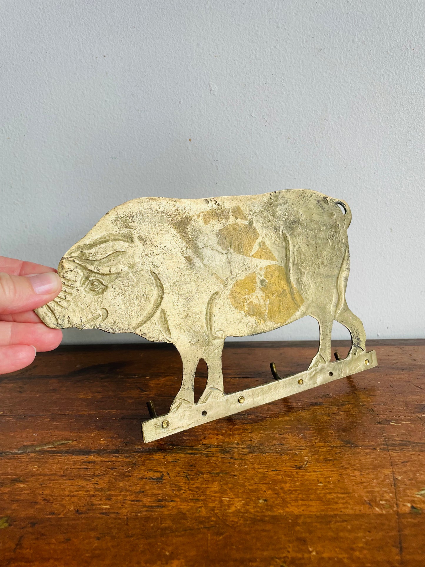 Vintage Solid Brass Pig Wall Rack Hanger with 4 Sturdy Hooks - Keys, Tea Towels, Etc.