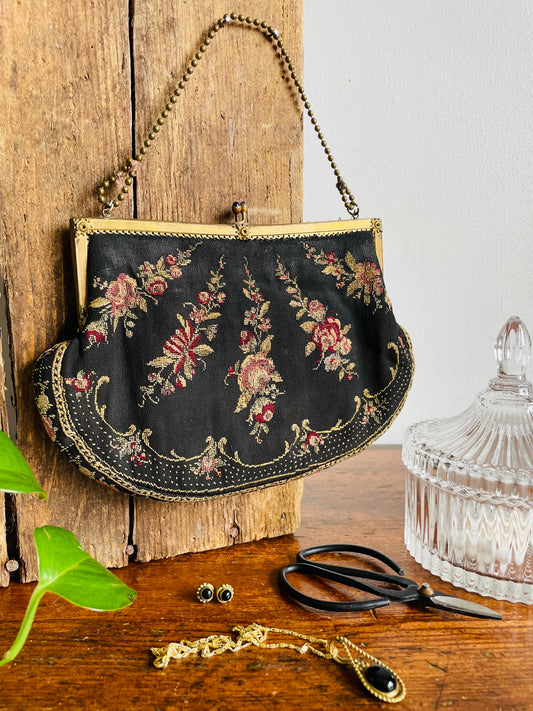Delicate 1920s Black Evening Bag Purse on Brass Chain with Floral Petit Point Embroidery - Has Attached Coin Purse Inside