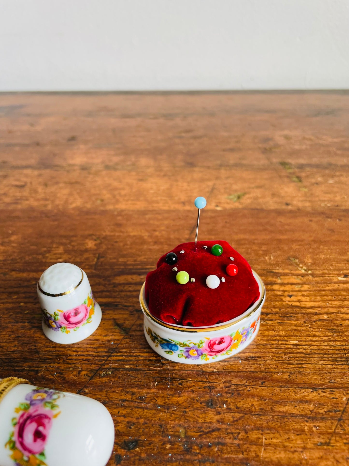 Brand New Vintage Porcelain Sewing Notions Gift Set in Original Box - Reutter Porzellan Germany - Includes Thimble, Pincushion & Needle Holder