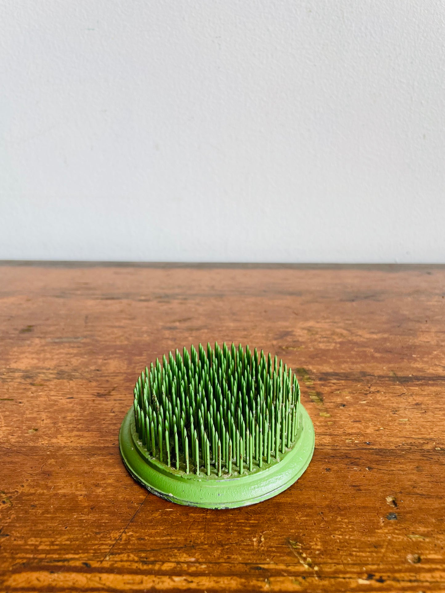 Round Green Metal Spiked Flower Frog - Ikebana Vase Style - Also Holds Pictures, Memos, Etc.
