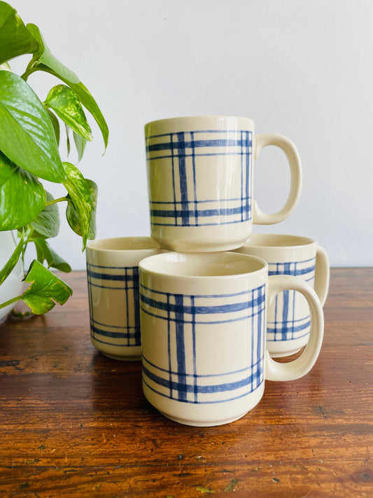 Eaton Home Blue Checkered Tartan Pattern Mugs - Set of 4 - # 1