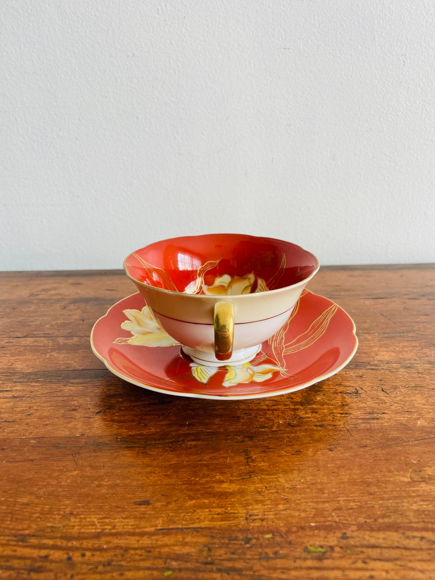 1940s Diamond China Burnt Orange Tea Cup & Saucer with White Iris Flower Design - Made in Occupied Japan